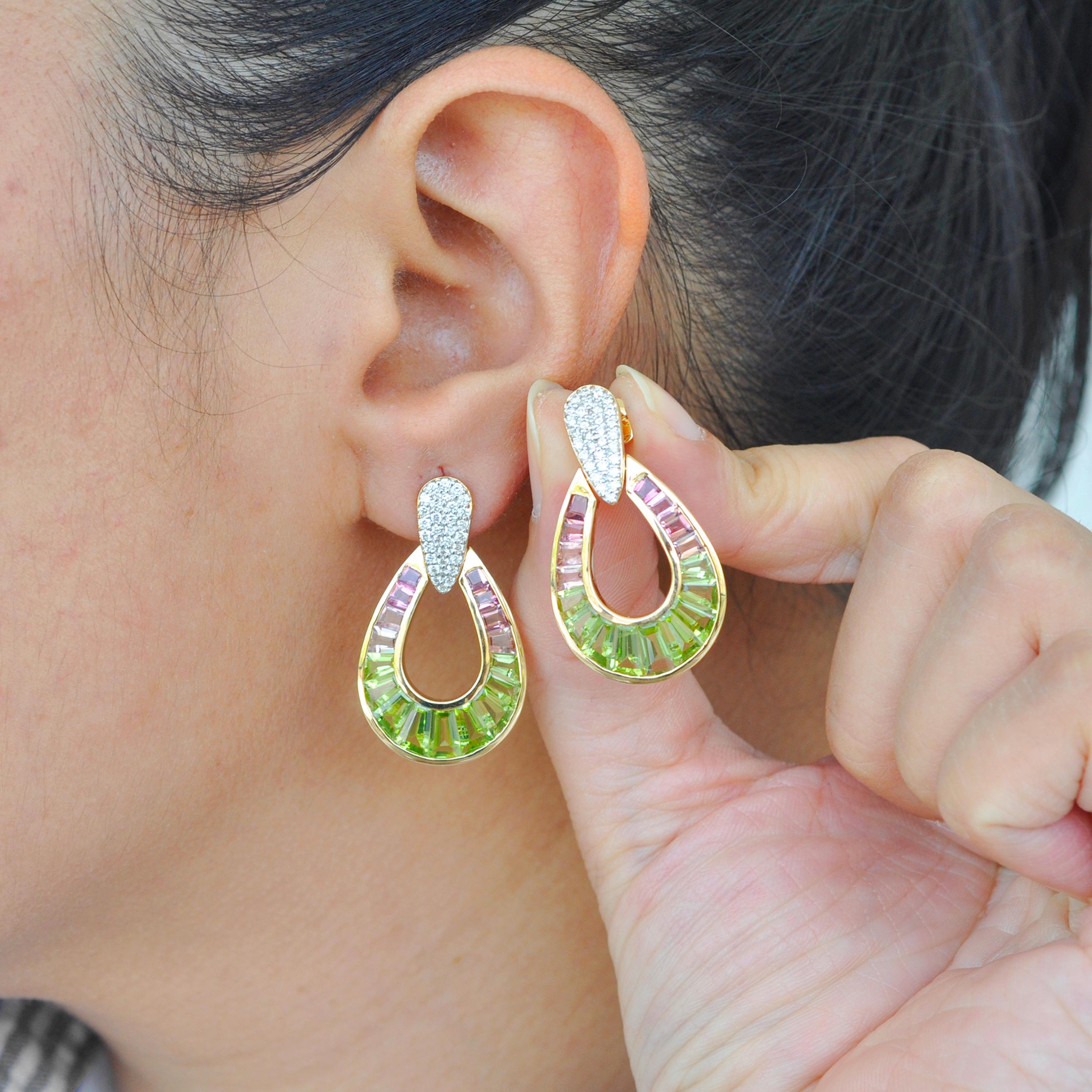 18K Gold Peridot Pink Tourmaline Raindrop Diamond Dangle Drop Earrings For Sale 1