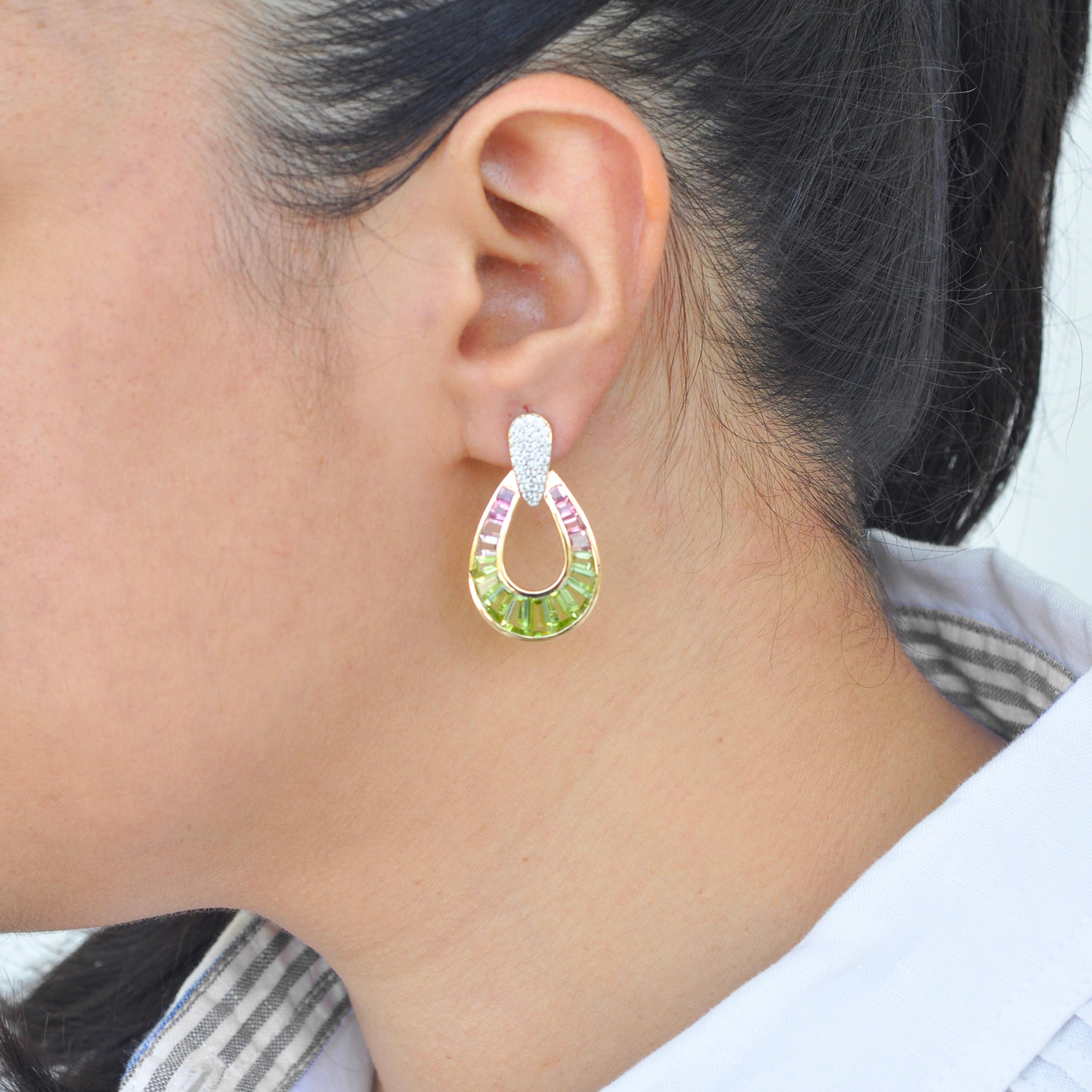 18K Gold Peridot Pink Tourmaline Raindrop Diamond Dangle Drop Earrings For Sale 2