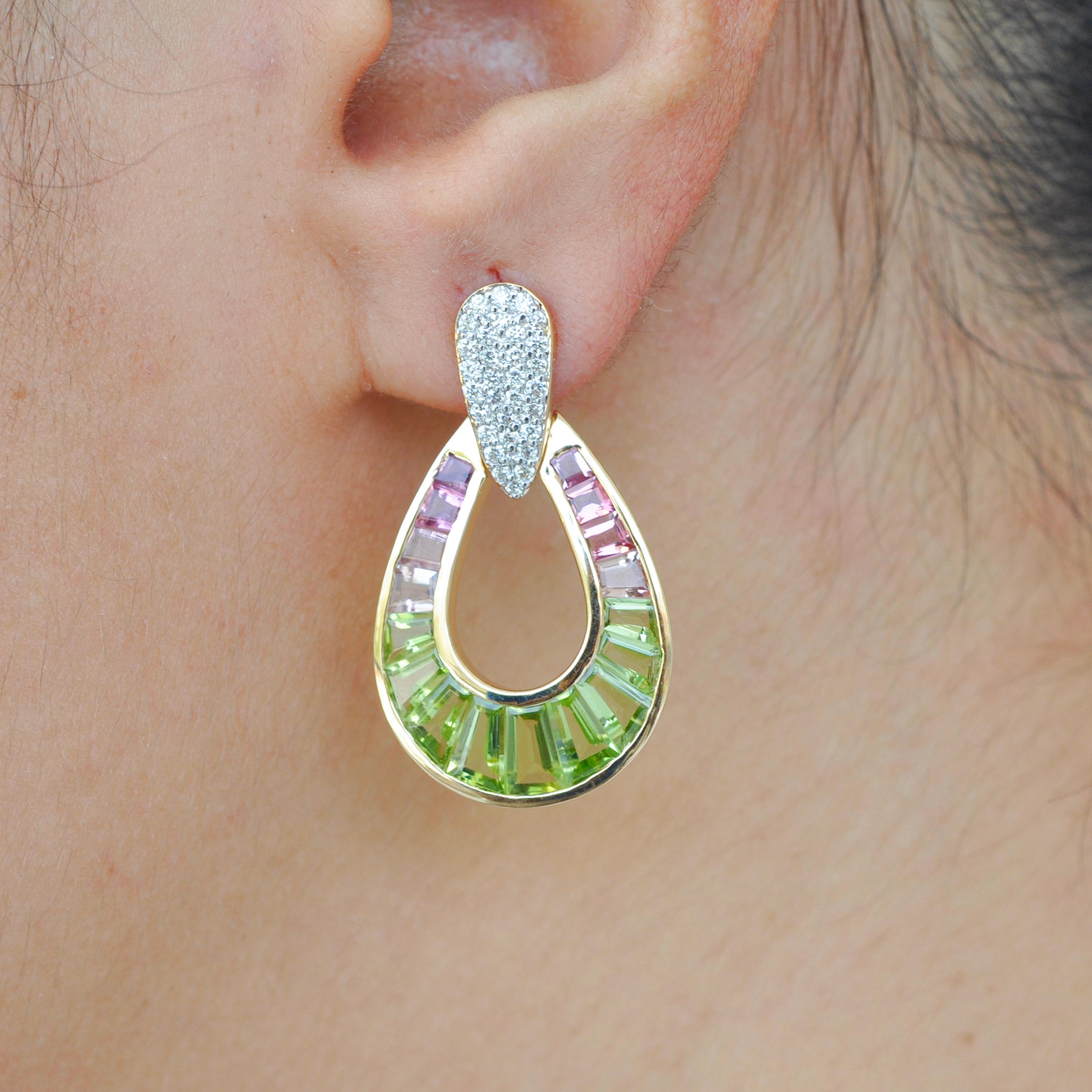 18K Gold Peridot Pink Tourmaline Raindrop Diamond Dangle Drop Earrings For Sale 3