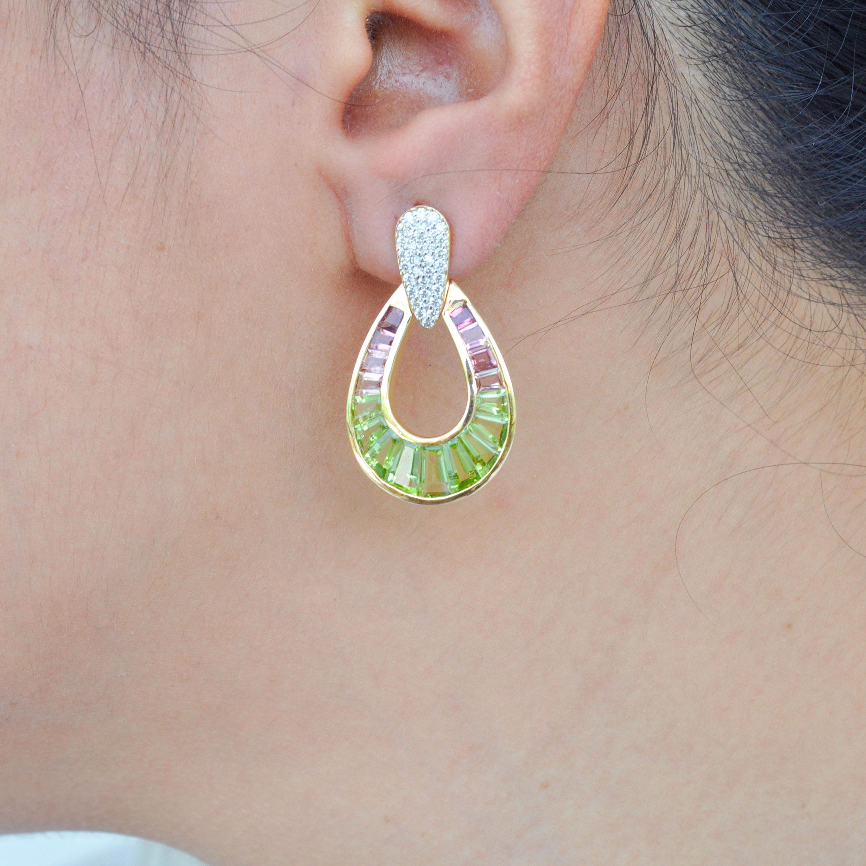 18K Gold Peridot Pink Tourmaline Raindrop Diamond Dangle Drop Earrings For Sale 6