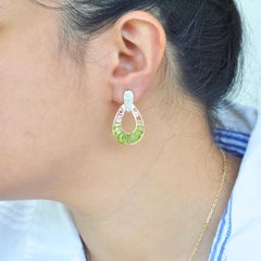 18K Gold Peridot Pink Tourmaline Raindrop Diamond Dangle Drop Earrings