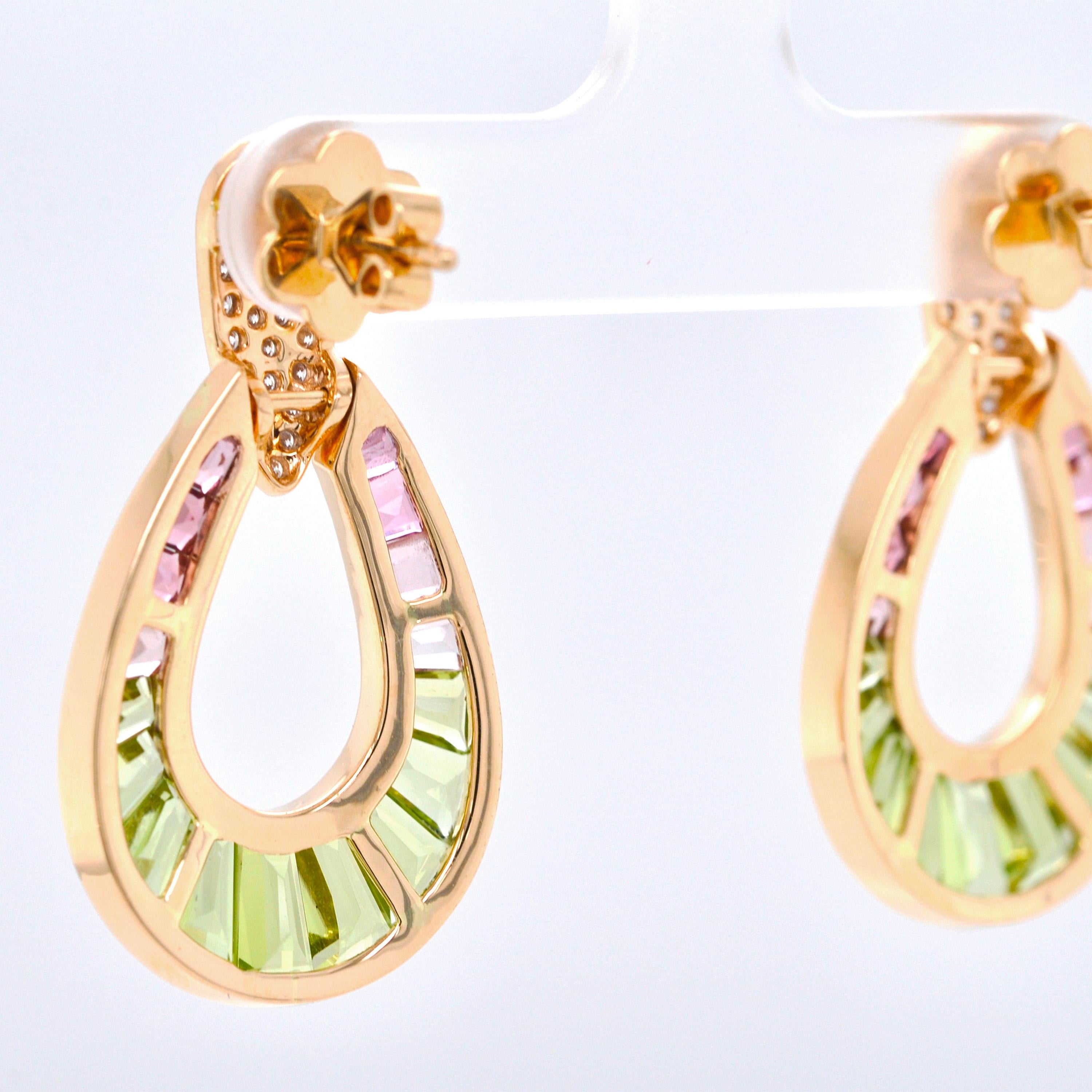 Contemporary 18K Gold Peridot Pink Tourmaline Raindrop Diamond Dangle Drop Earrings For Sale