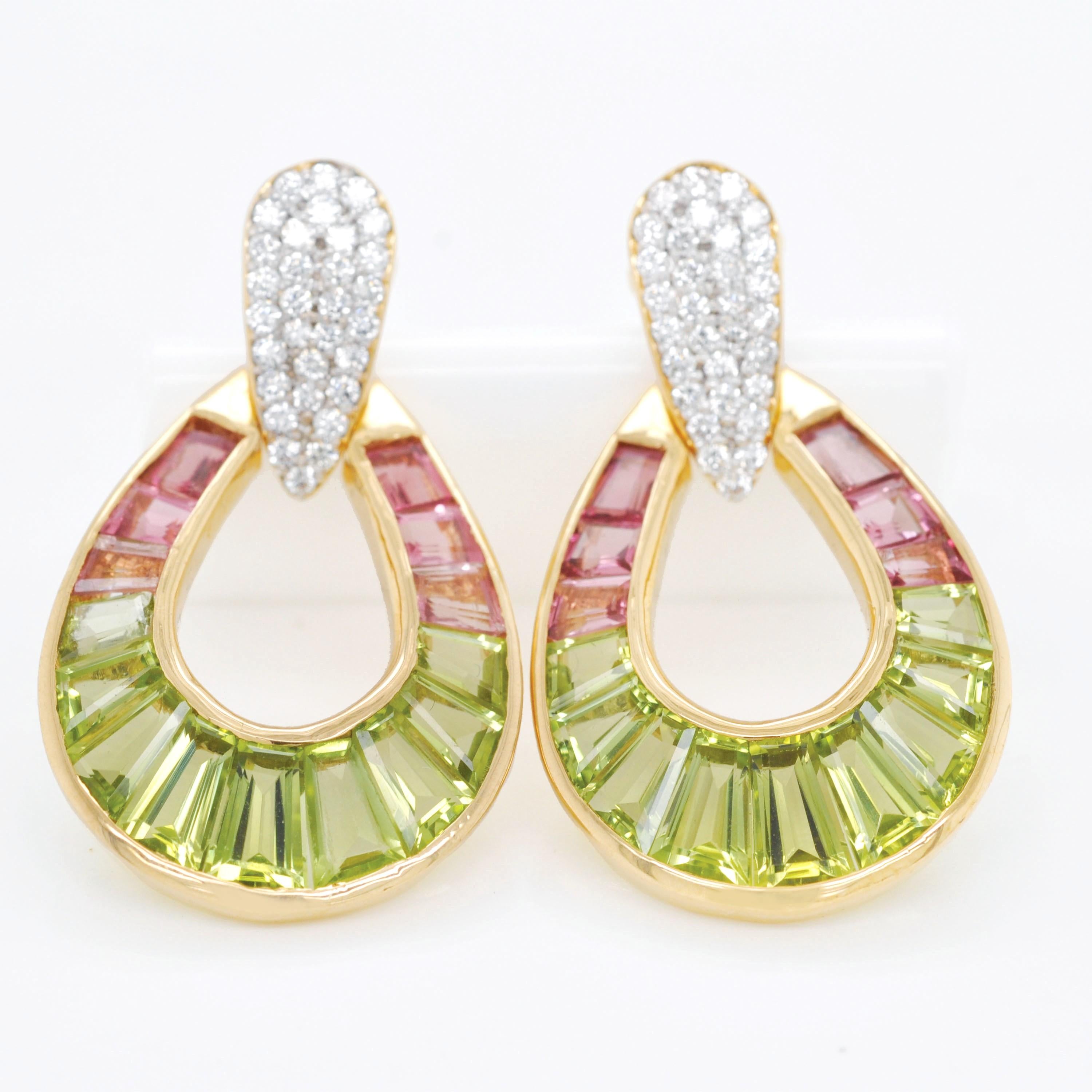 Orecchini a goccia con diamante a pioggia in oro 18K con peridoto e tormalina rosa in vendita 2