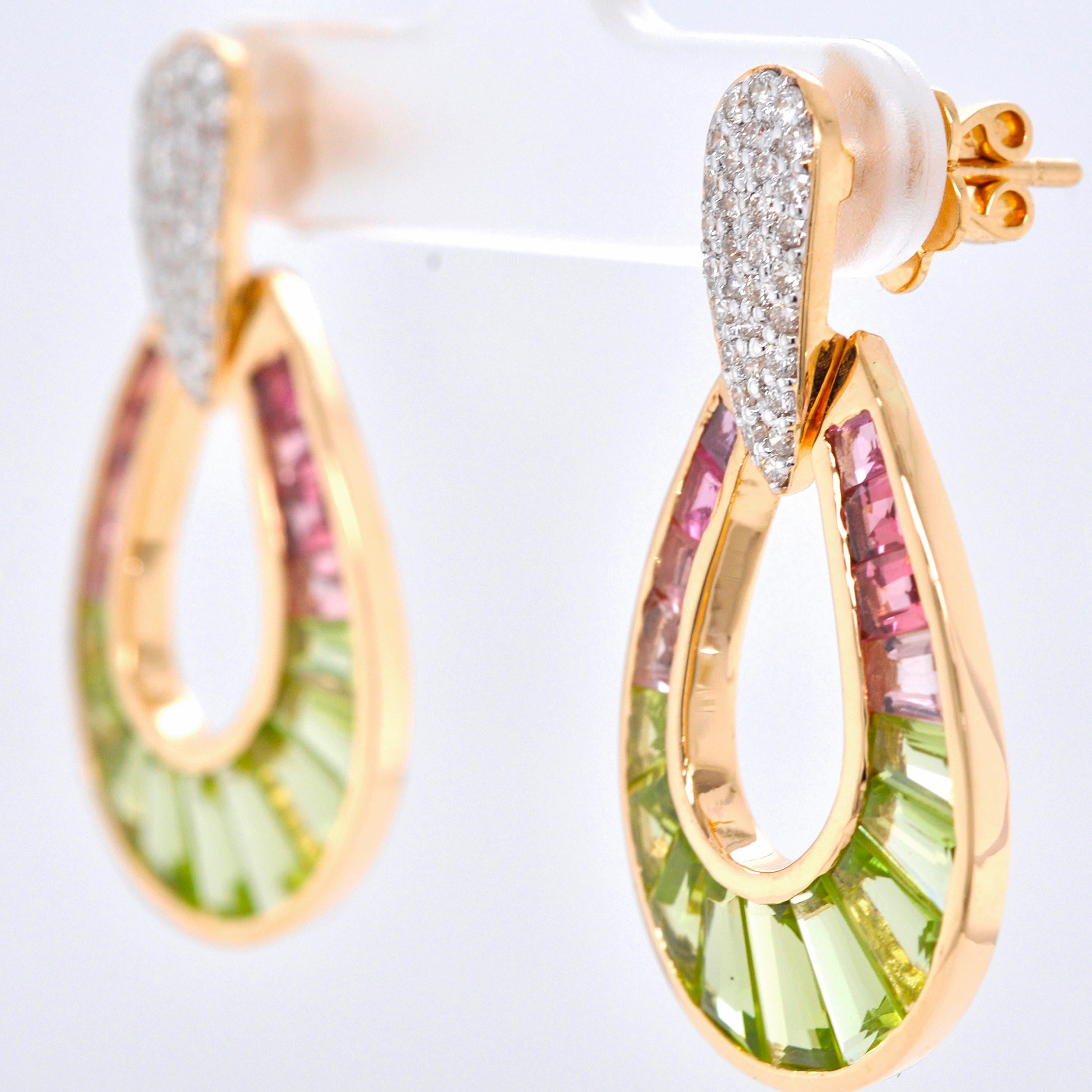 Tapered Baguette 18K Gold Peridot Pink Tourmaline Raindrop Diamond Dangle Drop Earrings For Sale