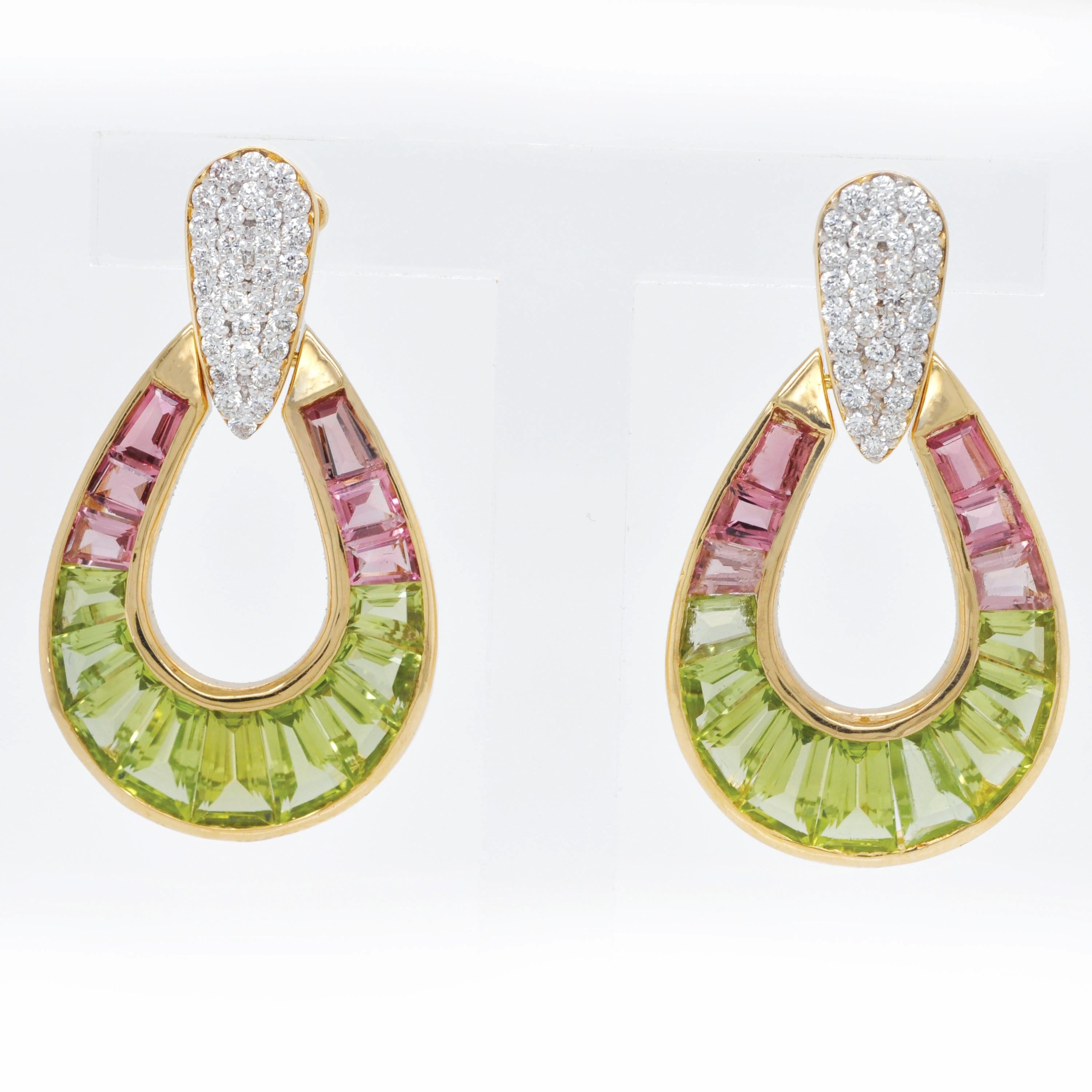 Orecchini a goccia con diamante a pioggia in oro 18K con peridoto e tormalina rosa in vendita 3