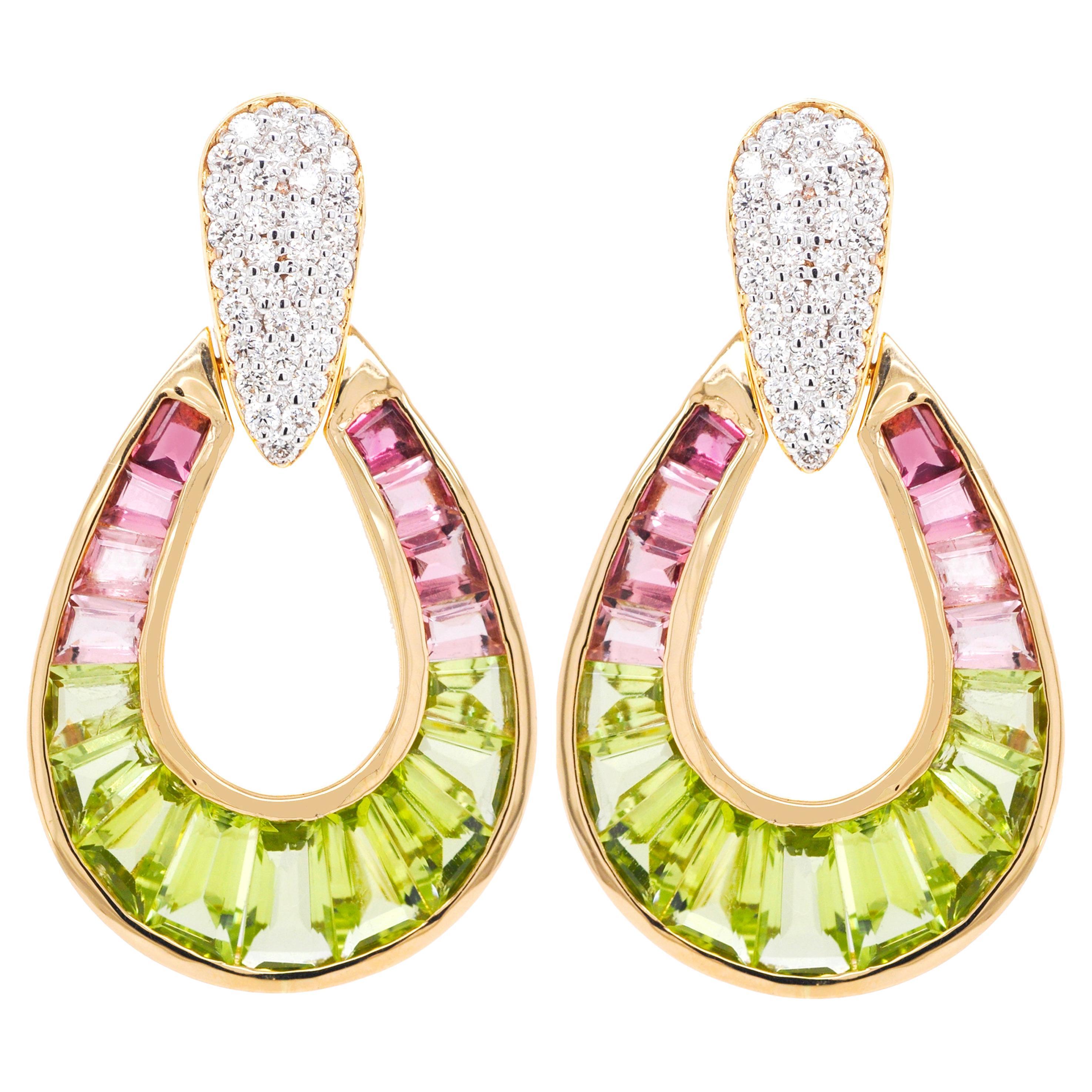18K Gold Peridot Pink Tourmaline Raindrop Diamond Dangle Drop Earrings