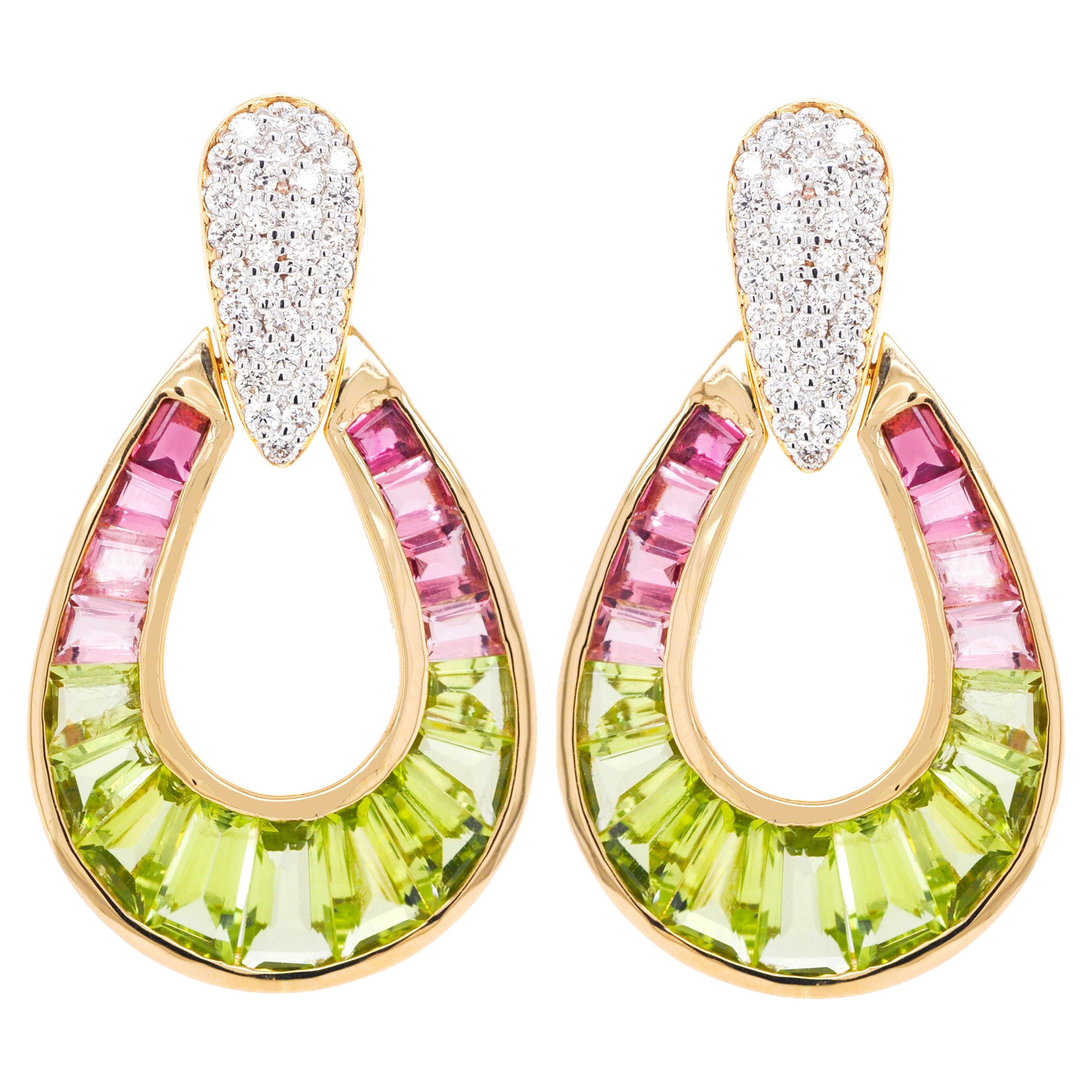 Orecchini a goccia con diamante a pioggia in oro 18K con peridoto e tormalina rosa