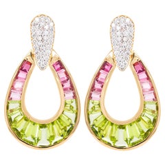 Orecchini a goccia con diamante a pioggia in oro 18K con peridoto e tormalina rosa