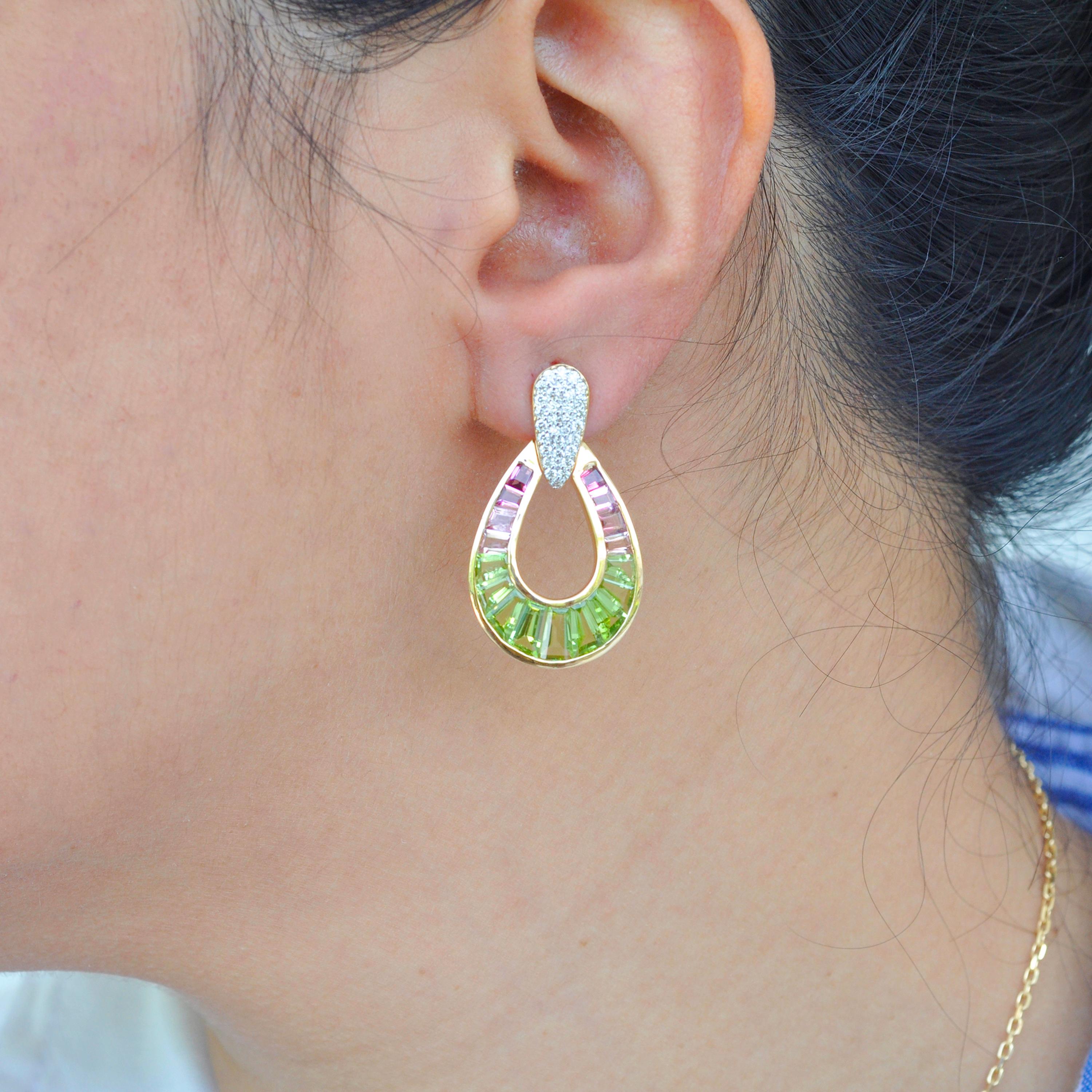 18K Gold Peridot Pink Tourmaline Raindrop Diamond Pendant Necklace Earrings Set For Sale 12