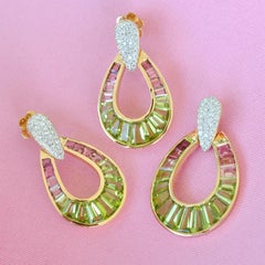 14K Gold Peridot Pink Tourmaline Raindrop Diamond Pendant Necklace Earrings Set