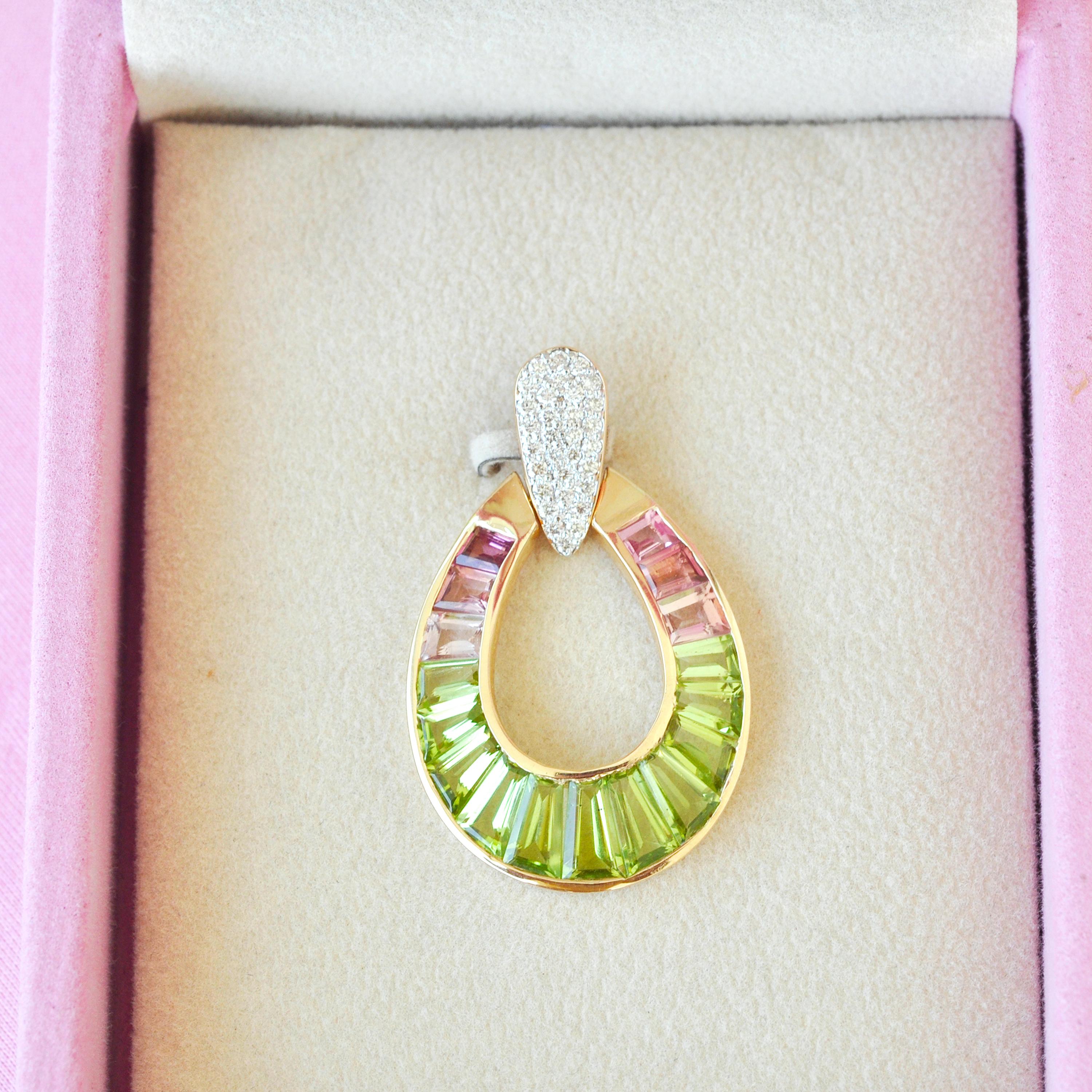 18K Gold Peridot Pink Tourmaline Raindrop Diamond Pendant Necklace Earrings Set For Sale 7