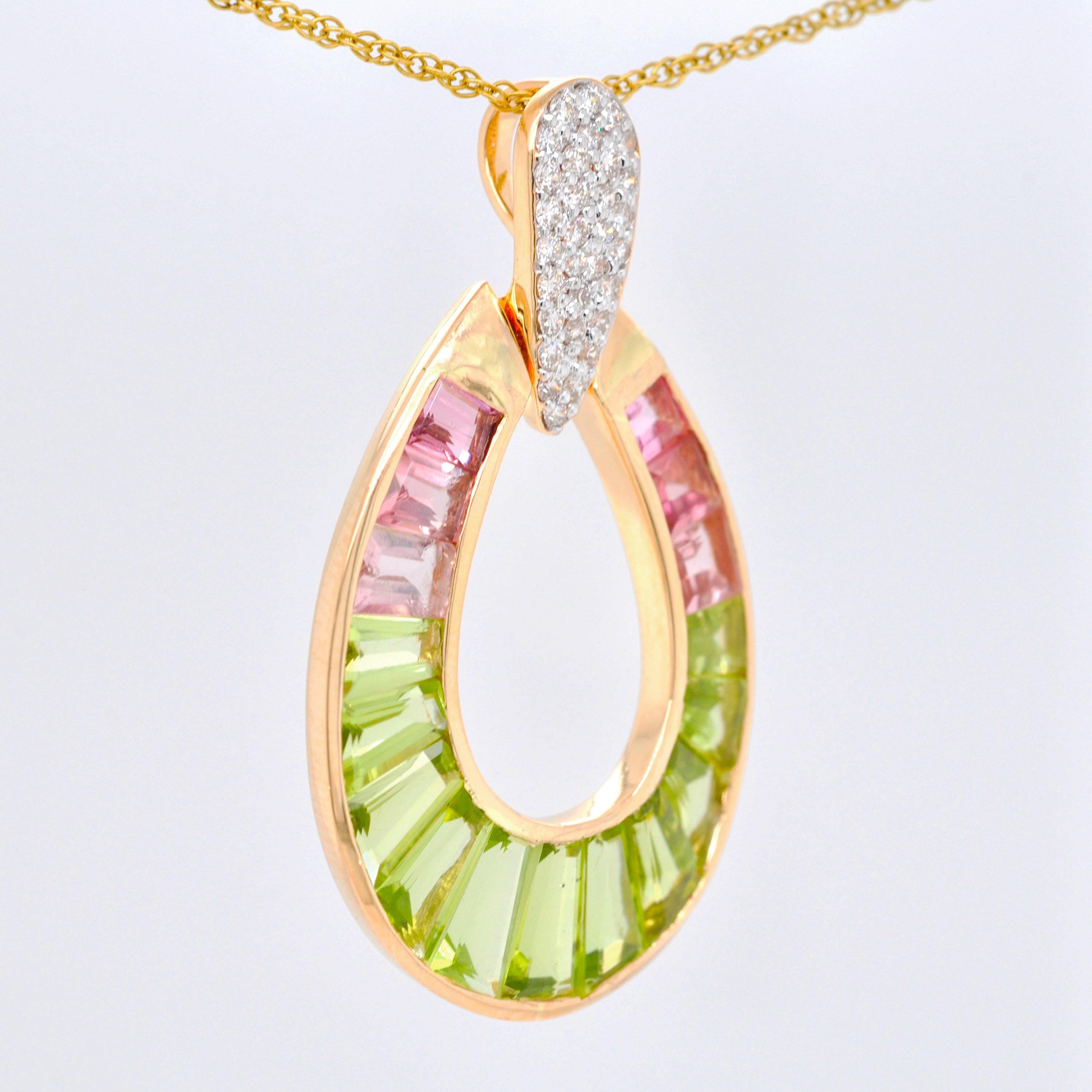 18K Gold Peridot Pink Tourmaline Raindrop Diamond Pendant Necklace Earrings Set For Sale 5