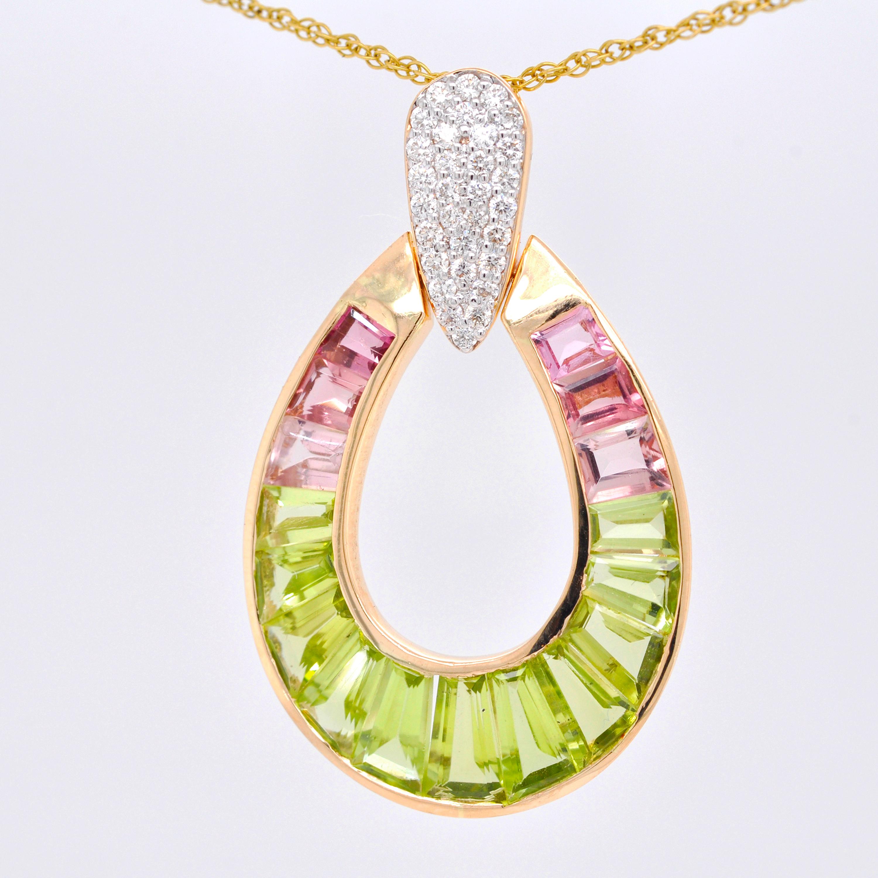 Collier pendentif en or 18 carats avec péridots, tourmaline rose et diamants en forme de goutte de pluie Pour femmes en vente