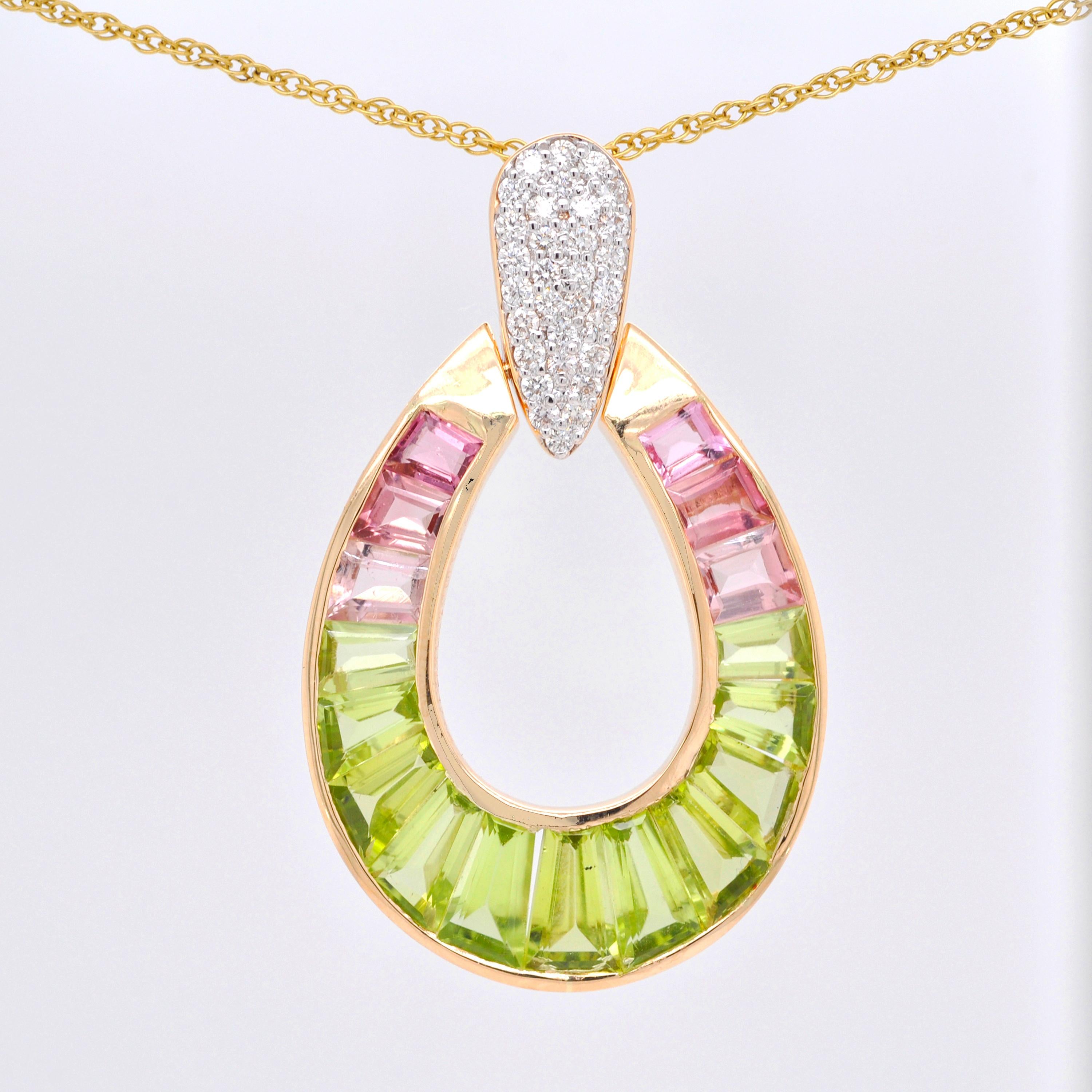 Tapered Baguette 18K Gold Peridot Pink Tourmaline Raindrop Diamond Pendant Necklace For Sale