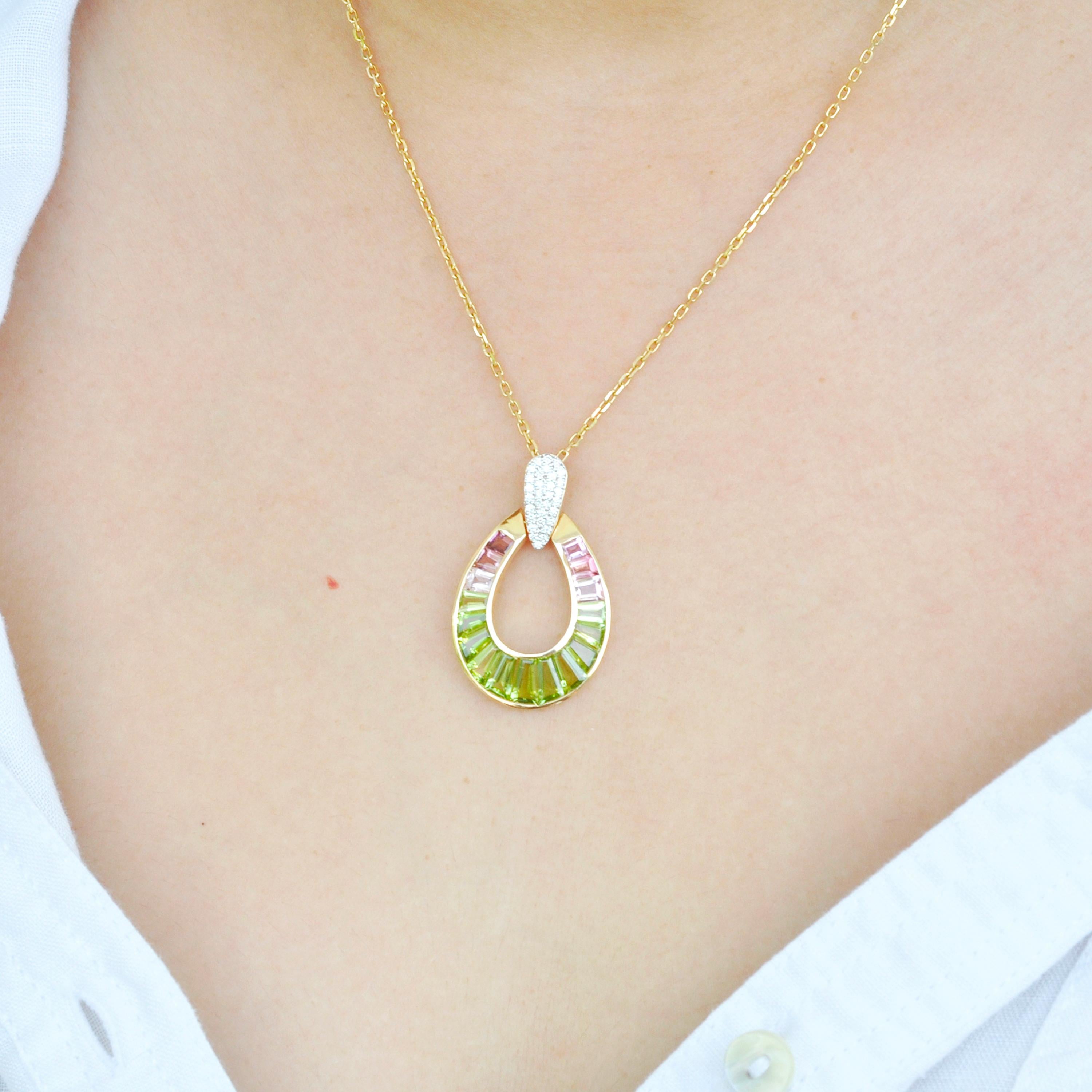 18K Gold Peridot Pink Tourmaline Raindrop Diamond Pendant Necklace For Sale 4