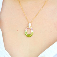 14K Gold Peridot Pink Turmalin Raindrop Diamant Anhänger Halskette