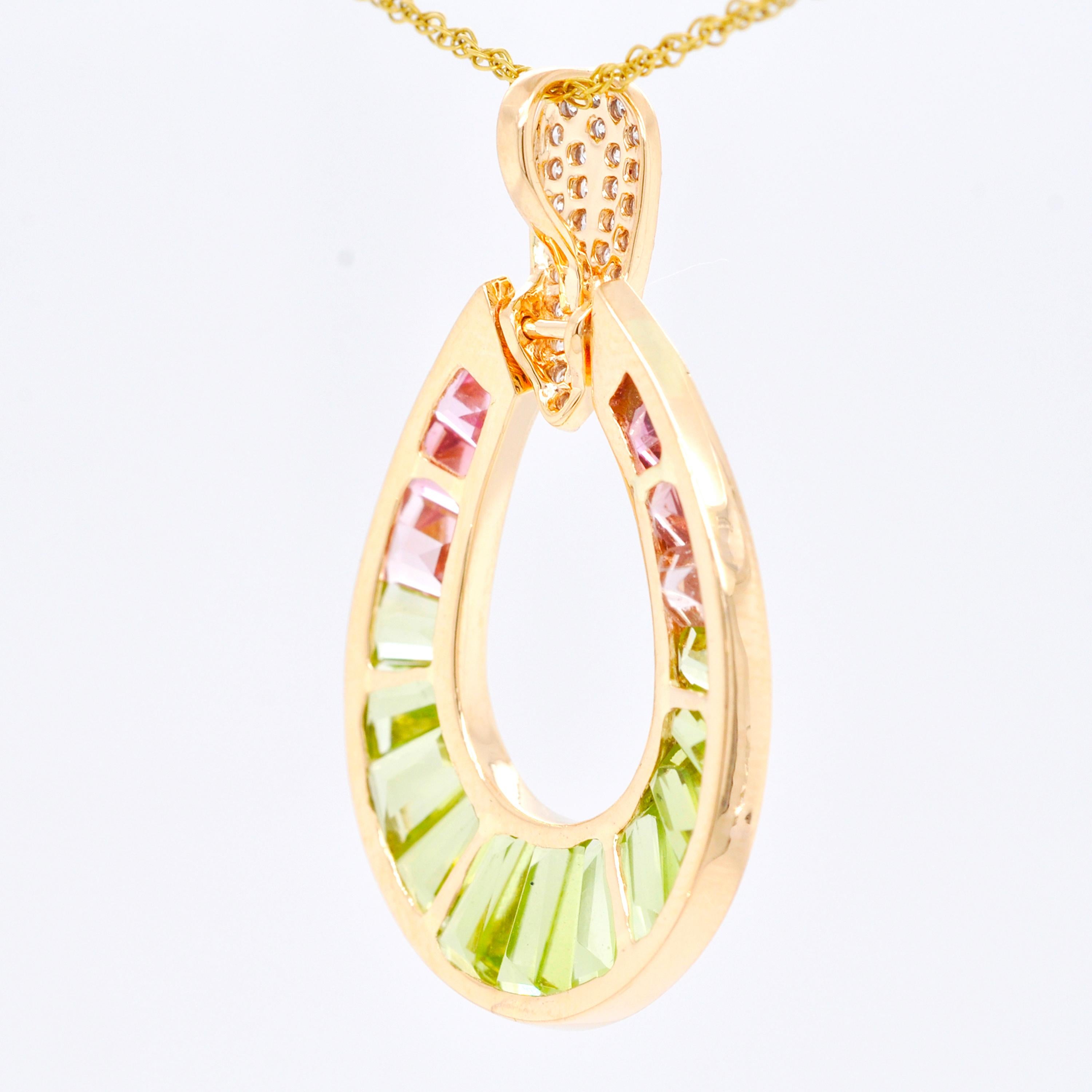 18K Gold Peridot Pink Tourmaline Raindrop Diamond Pendant Necklace For Sale 2