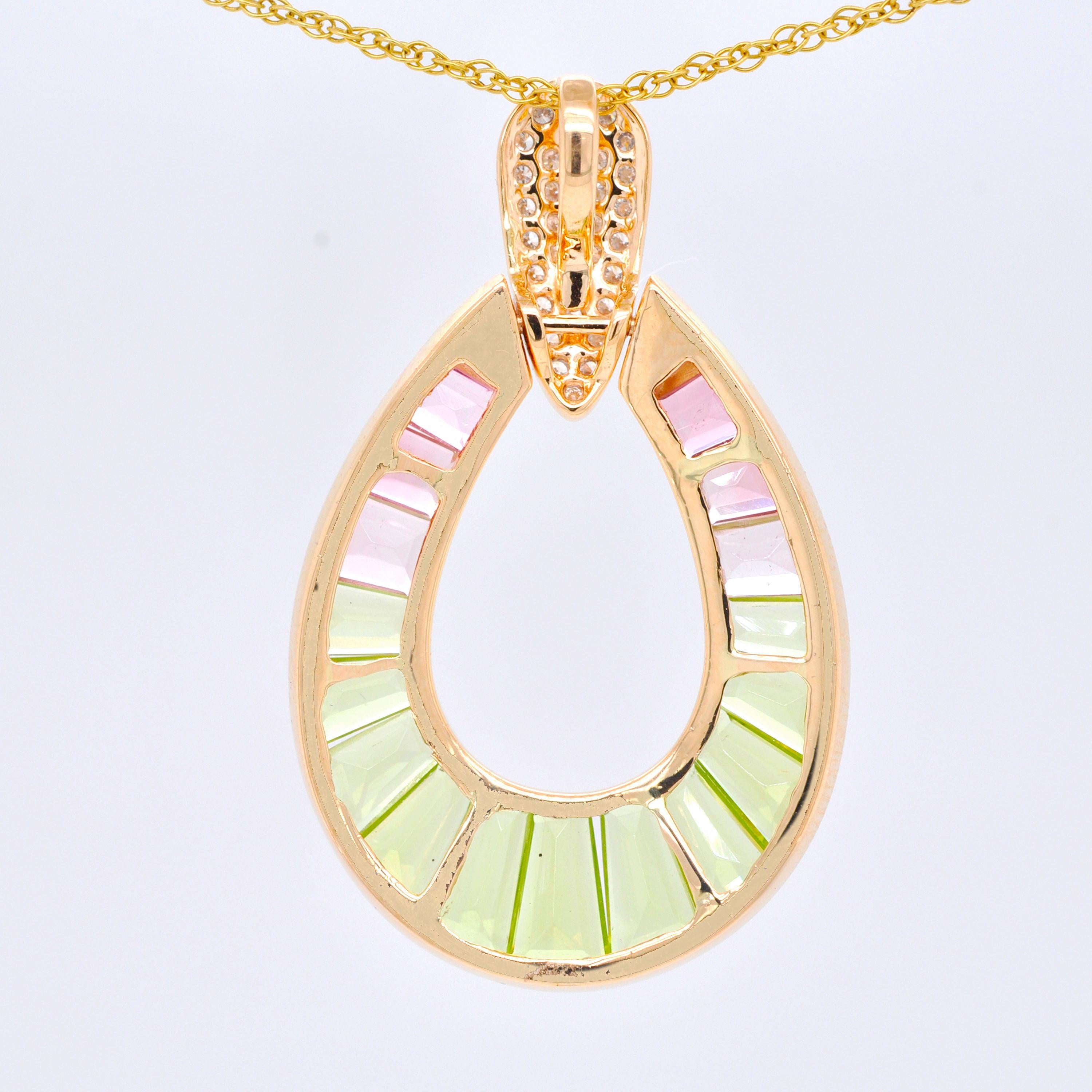 18K Gold Peridot Pink Tourmaline Raindrop Diamond Pendant Necklace For Sale 3