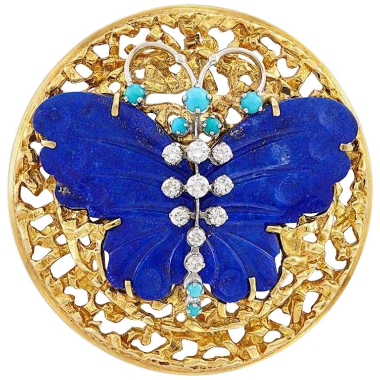18k Gold Peter Lindeman 1960s-70 Lapis Turquoise VS Diamond Brooch Pendant Pin For Sale