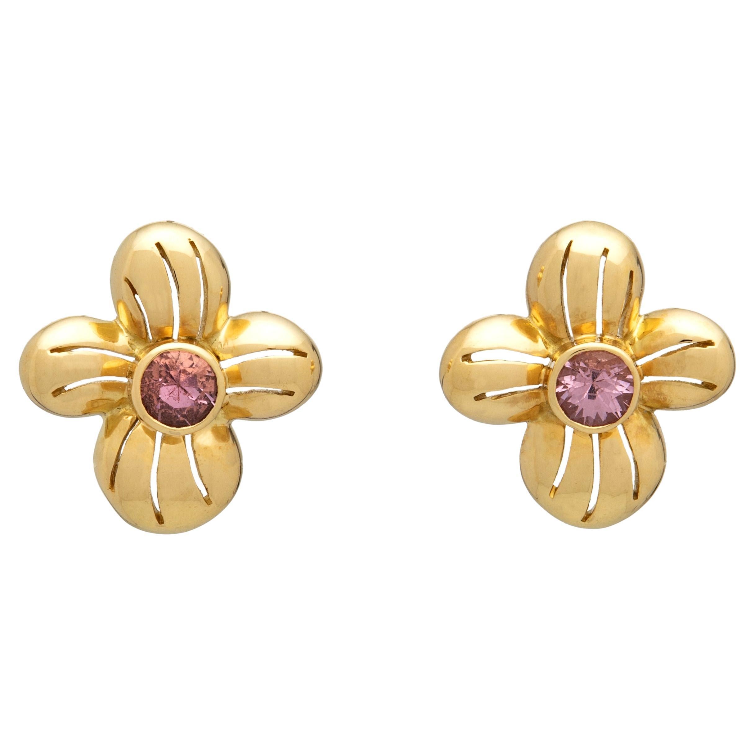 18k Gold Pierced Flower Earrings with Pink Spinels, by Gloria Bass