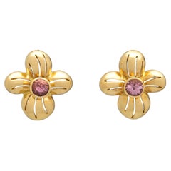 18k Gold Pierced Flower Earrings with Pink Spinels, by Gloria Bass