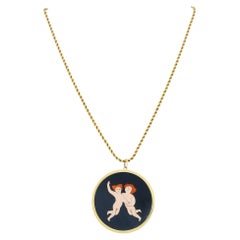 18k Gold Pietra Dura Style Putti Gemini Pendant Rope Chain Necklace
