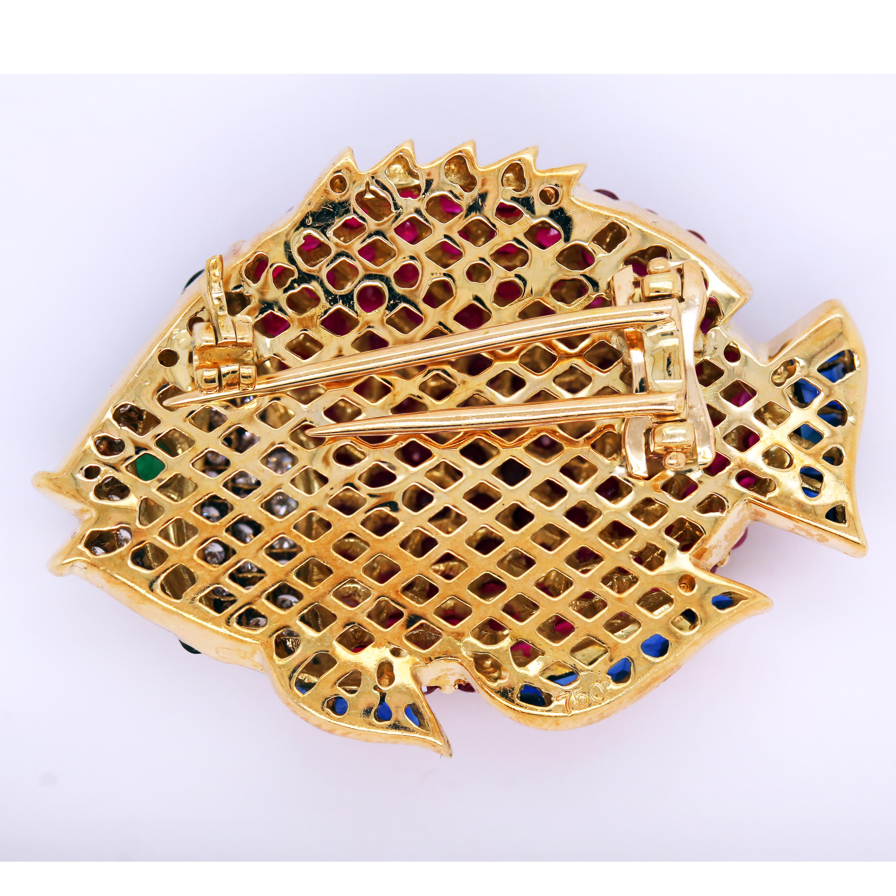 Modern 18K Gold Pigeon Blood Ruby Diamonds Emerald Blue Sapphires Large Fish Brooch Pin For Sale