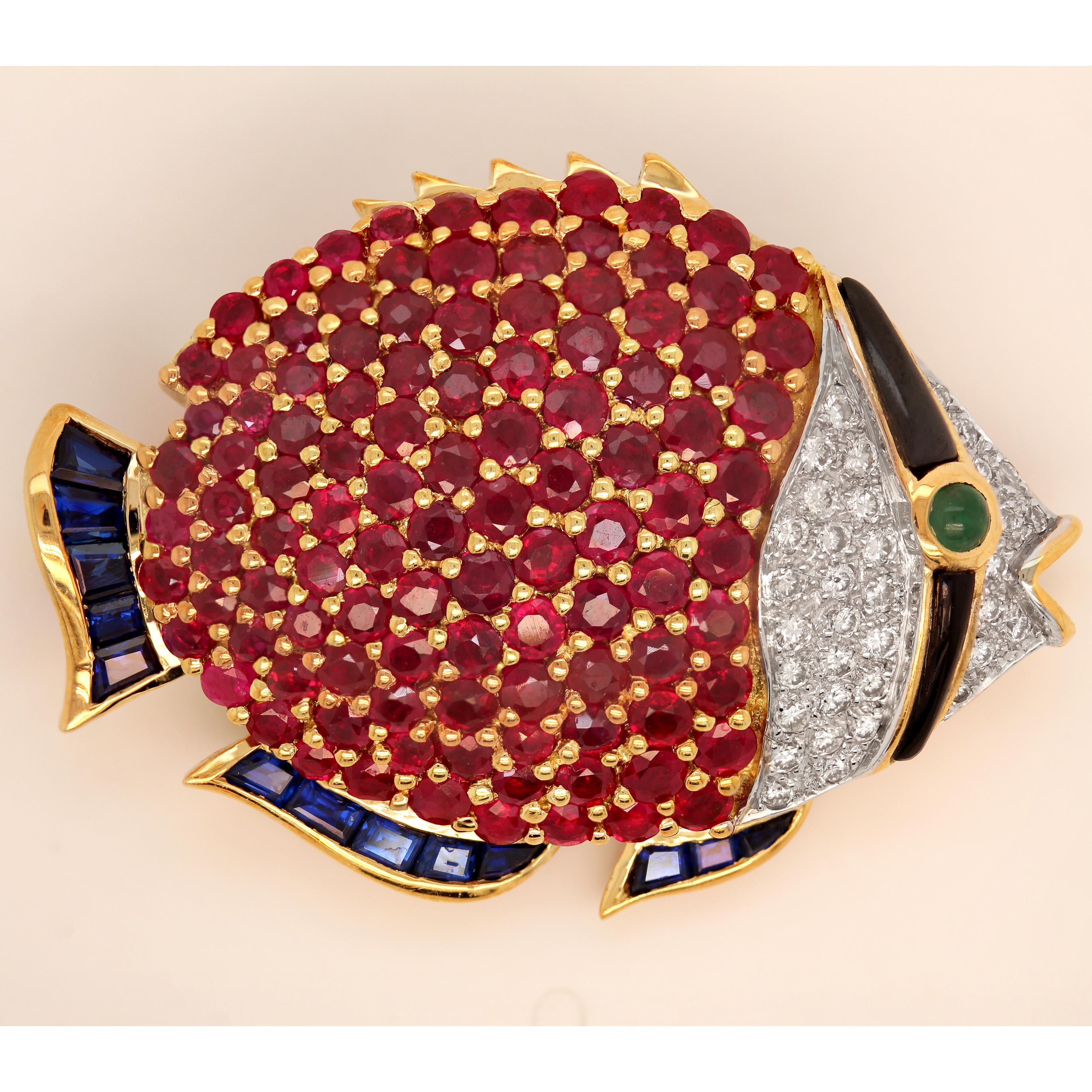 Round Cut 18K Gold Pigeon Blood Ruby Diamonds Emerald Blue Sapphires Large Fish Brooch Pin For Sale