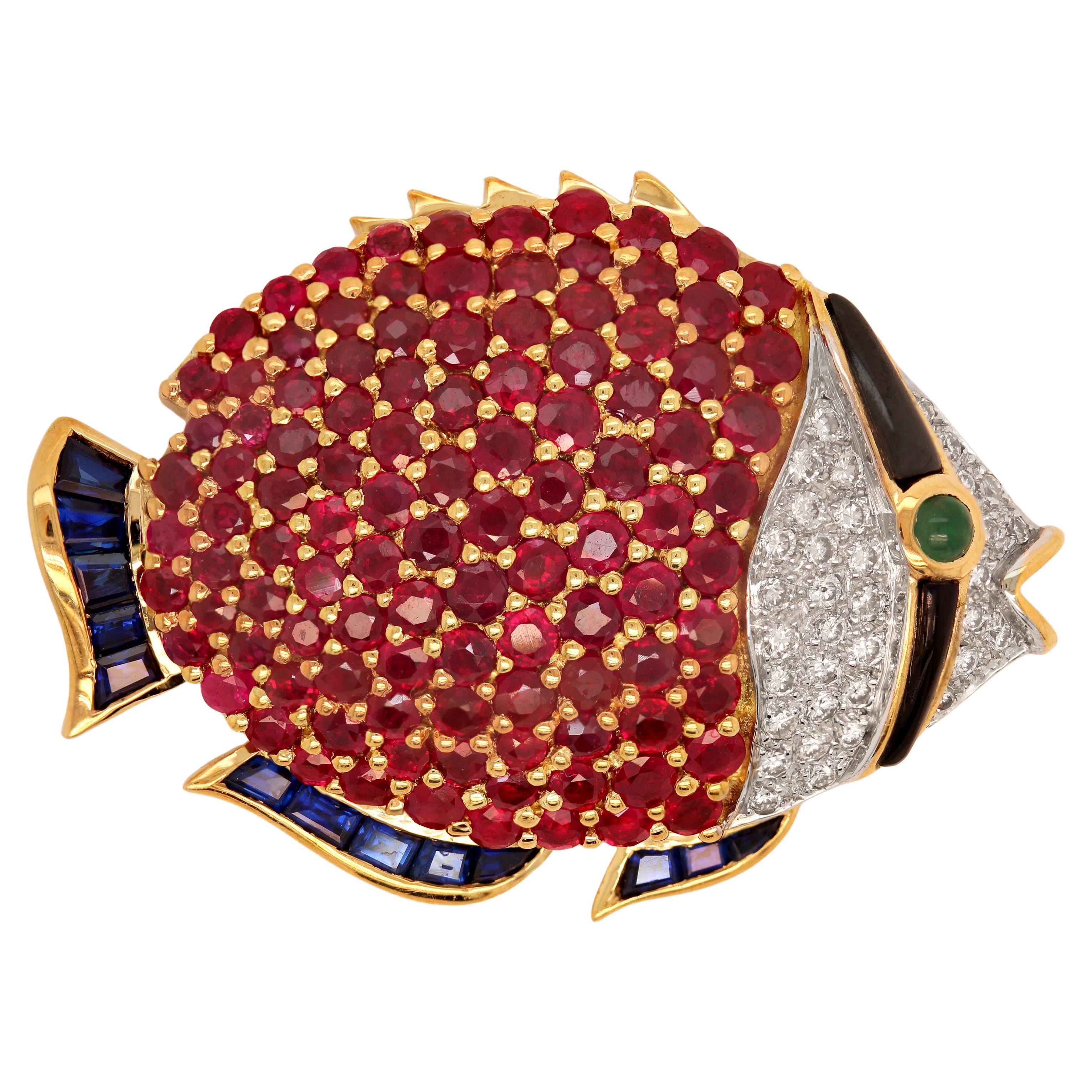 18K Gold Pigeon Blood Ruby Diamonds Emerald Blue Sapphires Large Fish Brooch Pin For Sale