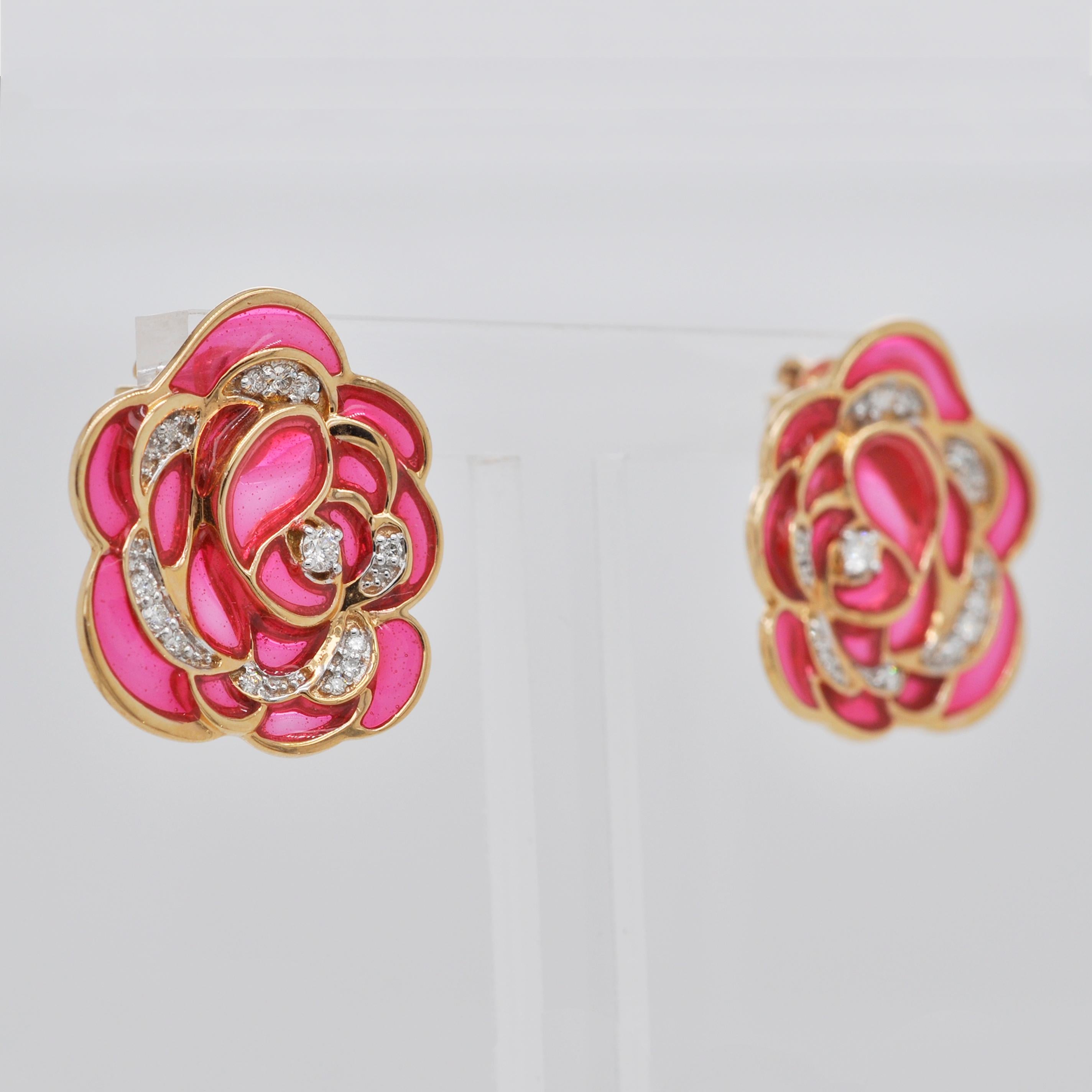 18 Karat Gold Pink Plique-A-Jour Enamel Rose Stud Earrings 2