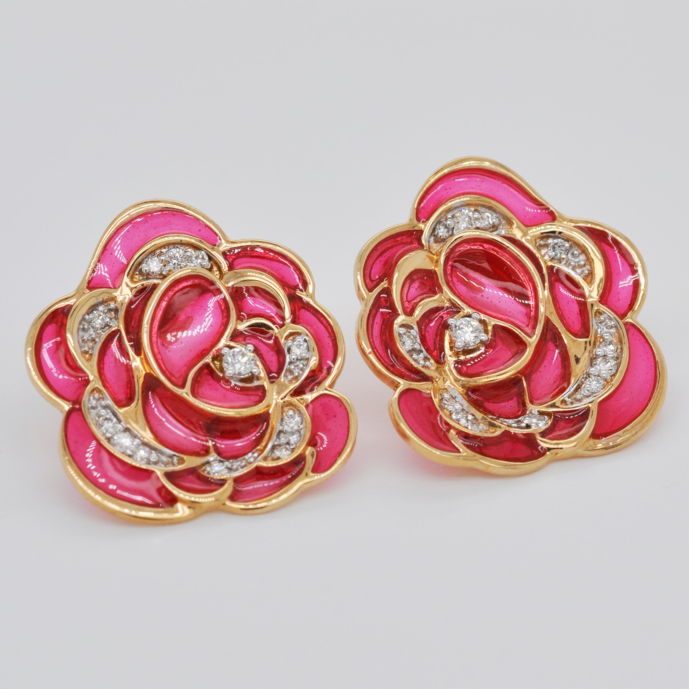 Round Cut 18 Karat Gold Pink Plique-A-Jour Enamel Rose Stud Earrings