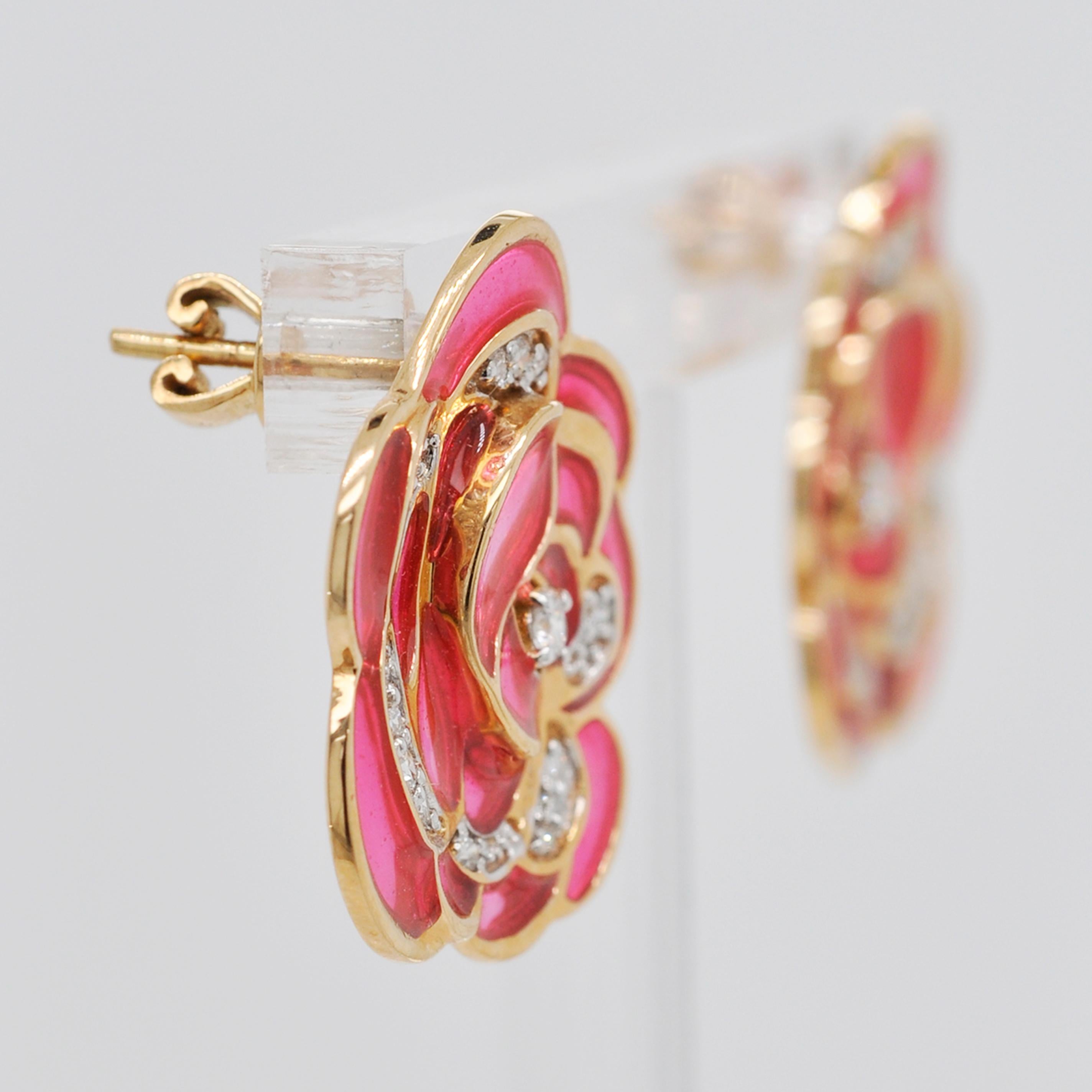 Women's 18 Karat Gold Pink Plique-A-Jour Enamel Rose Stud Earrings