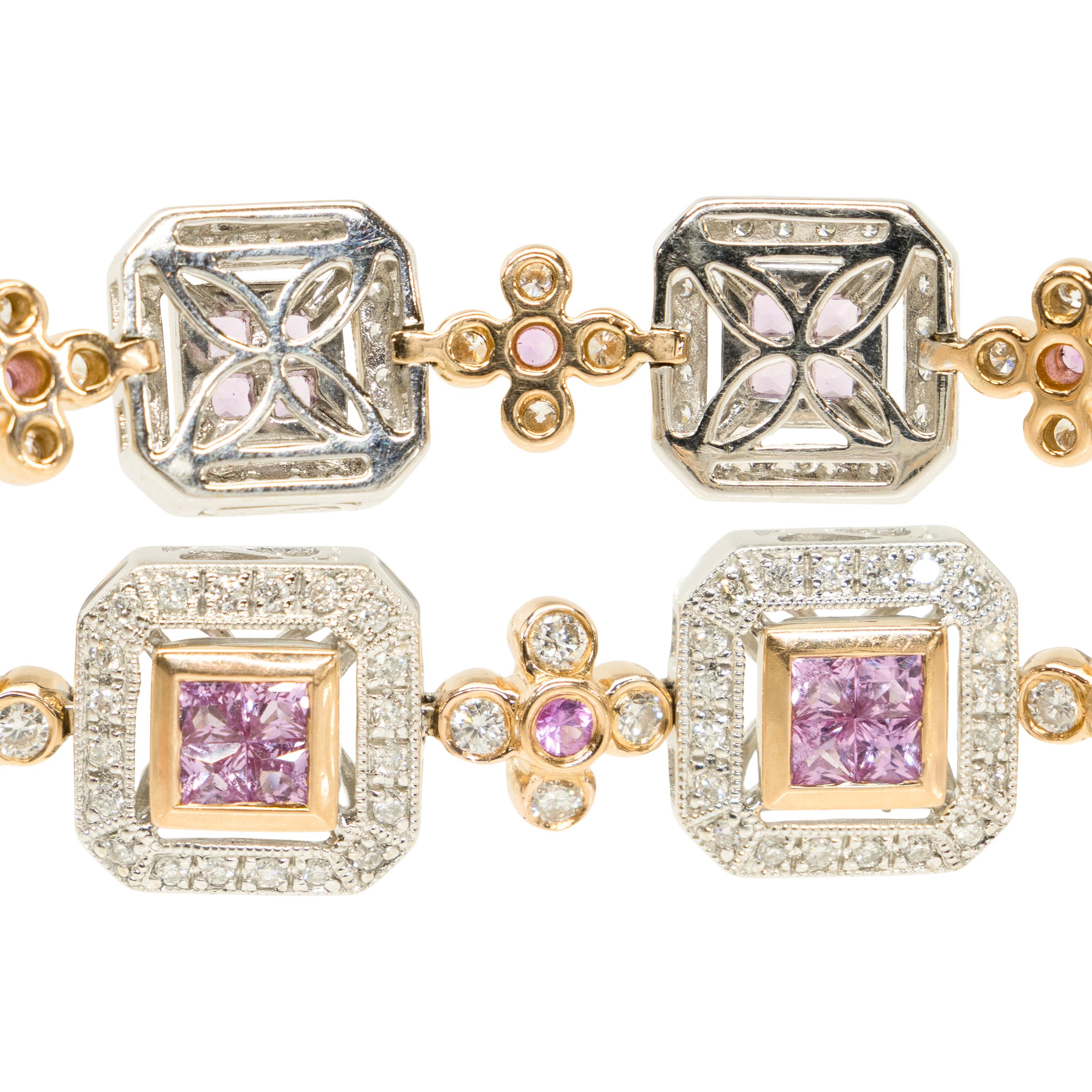 Armband aus 18 Karat Weiß- und Roségold mit rosa Saphiren und Diamanten. Vierzig Saphire in Kanalfassung, zehn Saphire in Zargenfassung. 2,30ct. Vierzig in die Lünette gefasste Diamanten, zweihundert glänzend gefasste runde Diamanten. 1,80 ct.