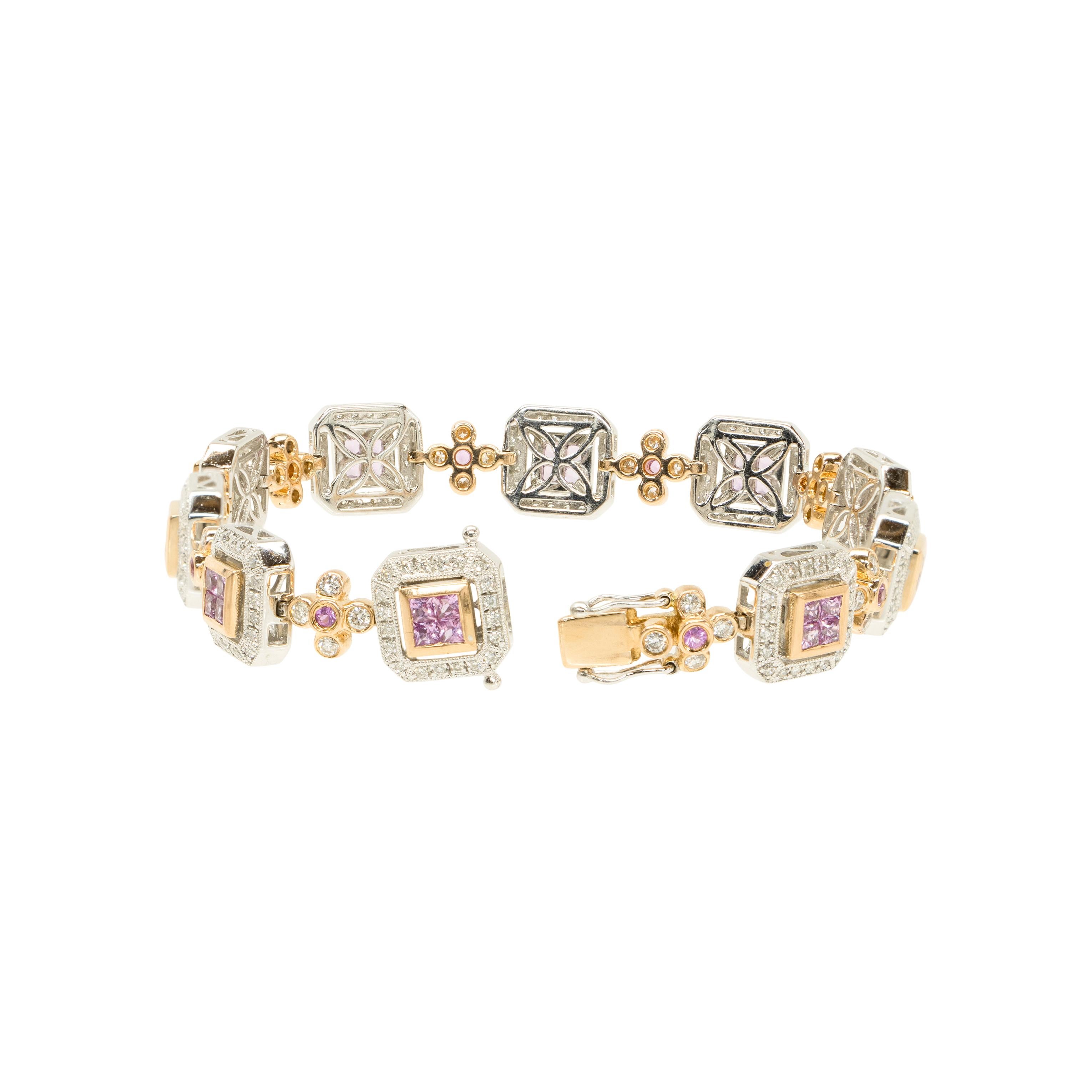 Armband aus 18 Karat Gold mit rosa Saphiren (Carréeschliff) im Angebot