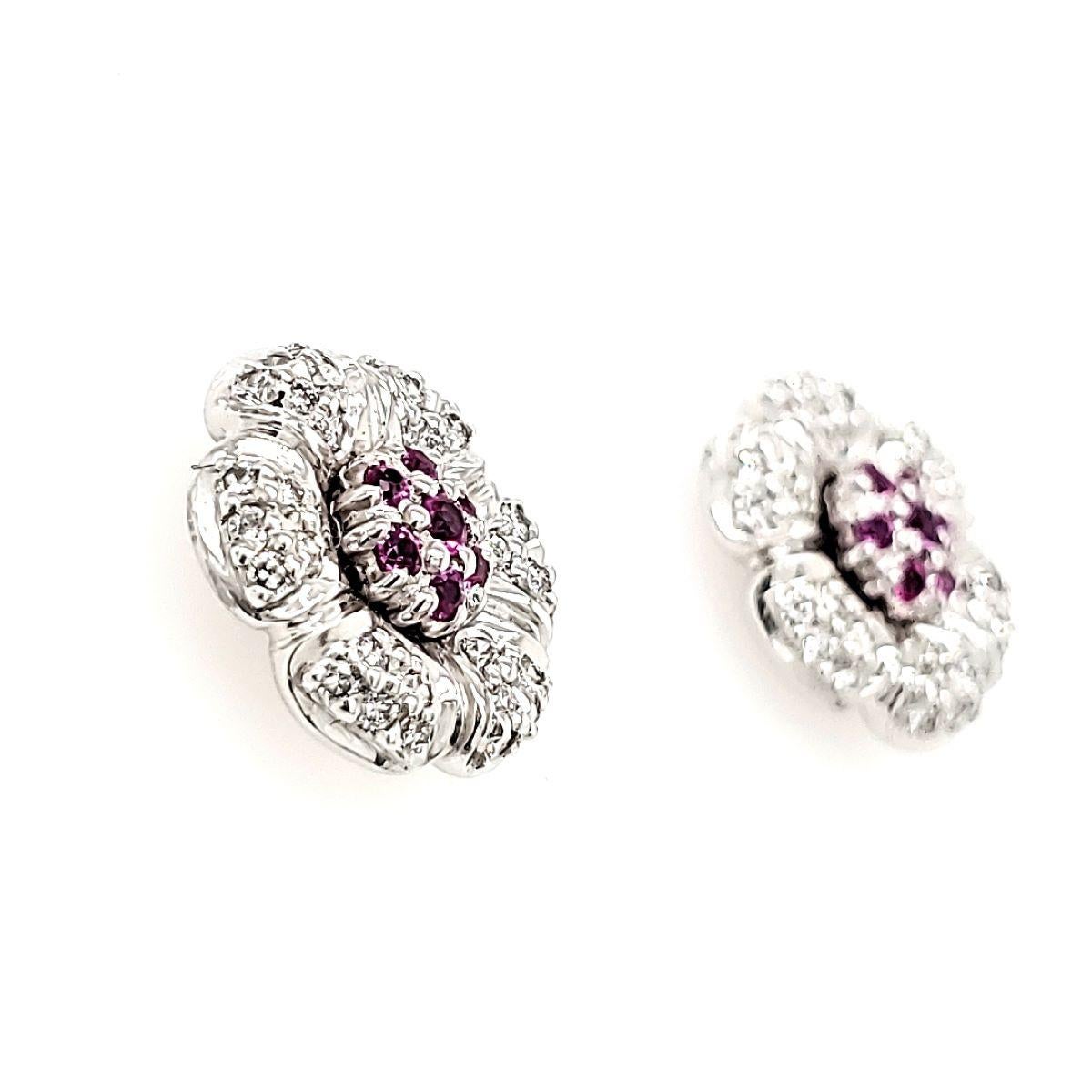 Round Cut 18k Gold Pink Sapphire Cts 0.36 and Round Diamond Cts 0.60 Flower Earrings For Sale