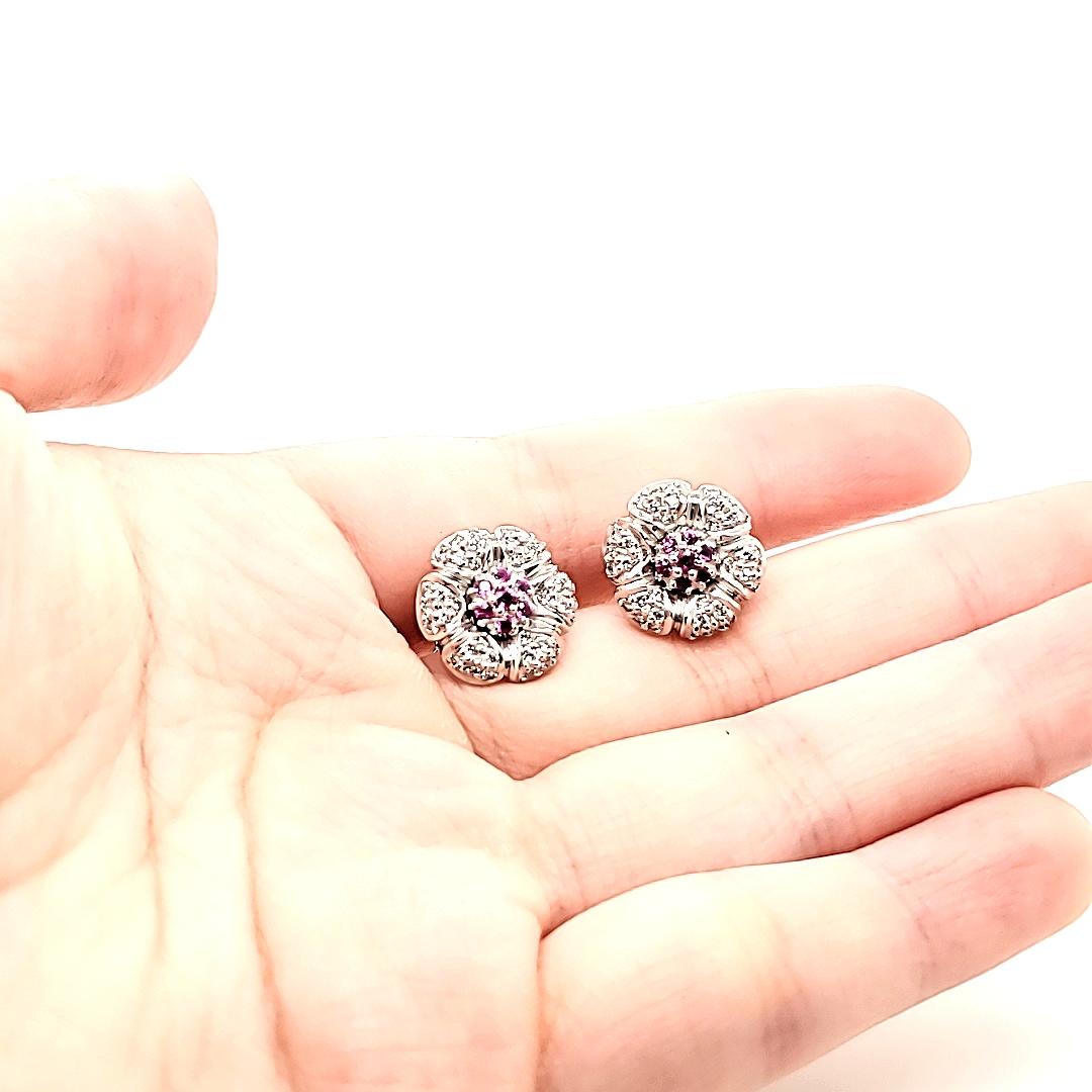 18k Gold Pink Sapphire Cts 0.36 and Round Diamond Cts 0.60 Flower Earrings In New Condition For Sale In Hong Kong, HK