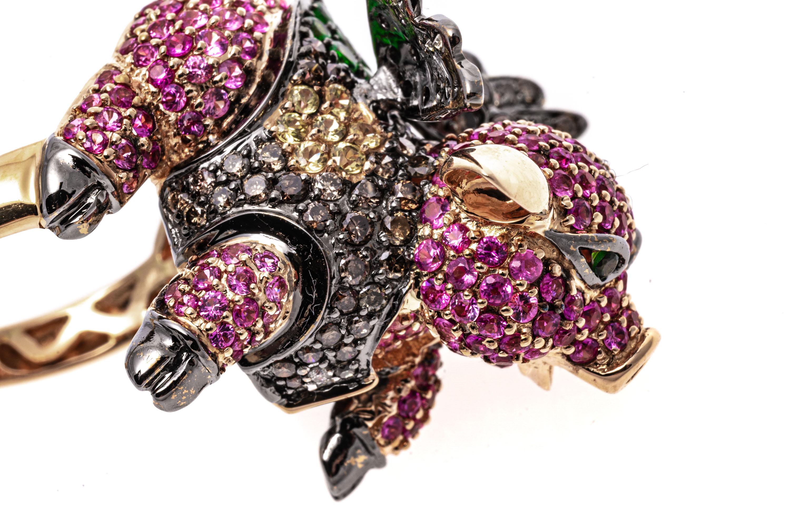 18k Gold Pink Sapphire, Diamond, and Tsavorite Flying Pig Ring 2