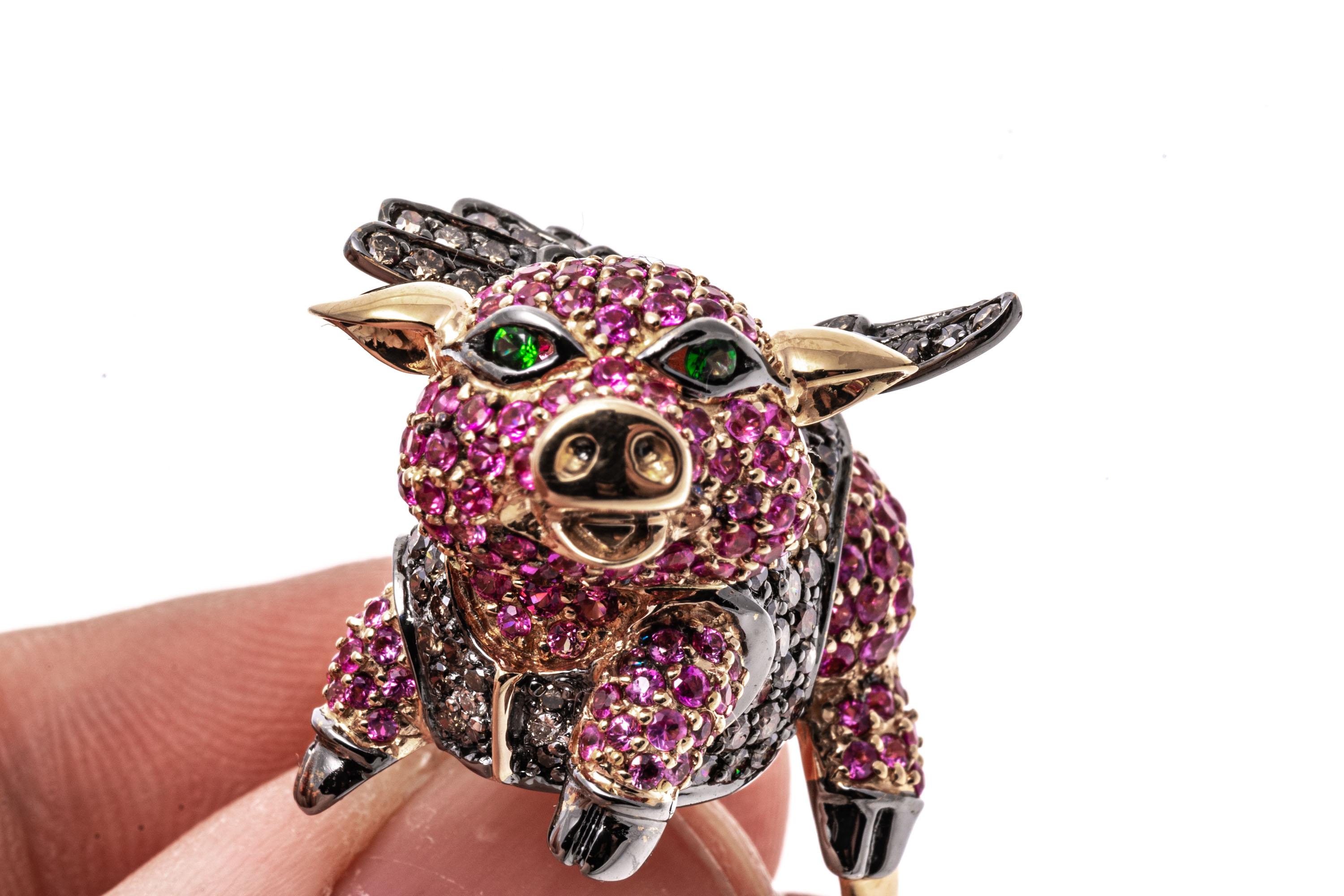 18k Gold Pink Sapphire, Diamond, and Tsavorite Flying Pig Ring 4