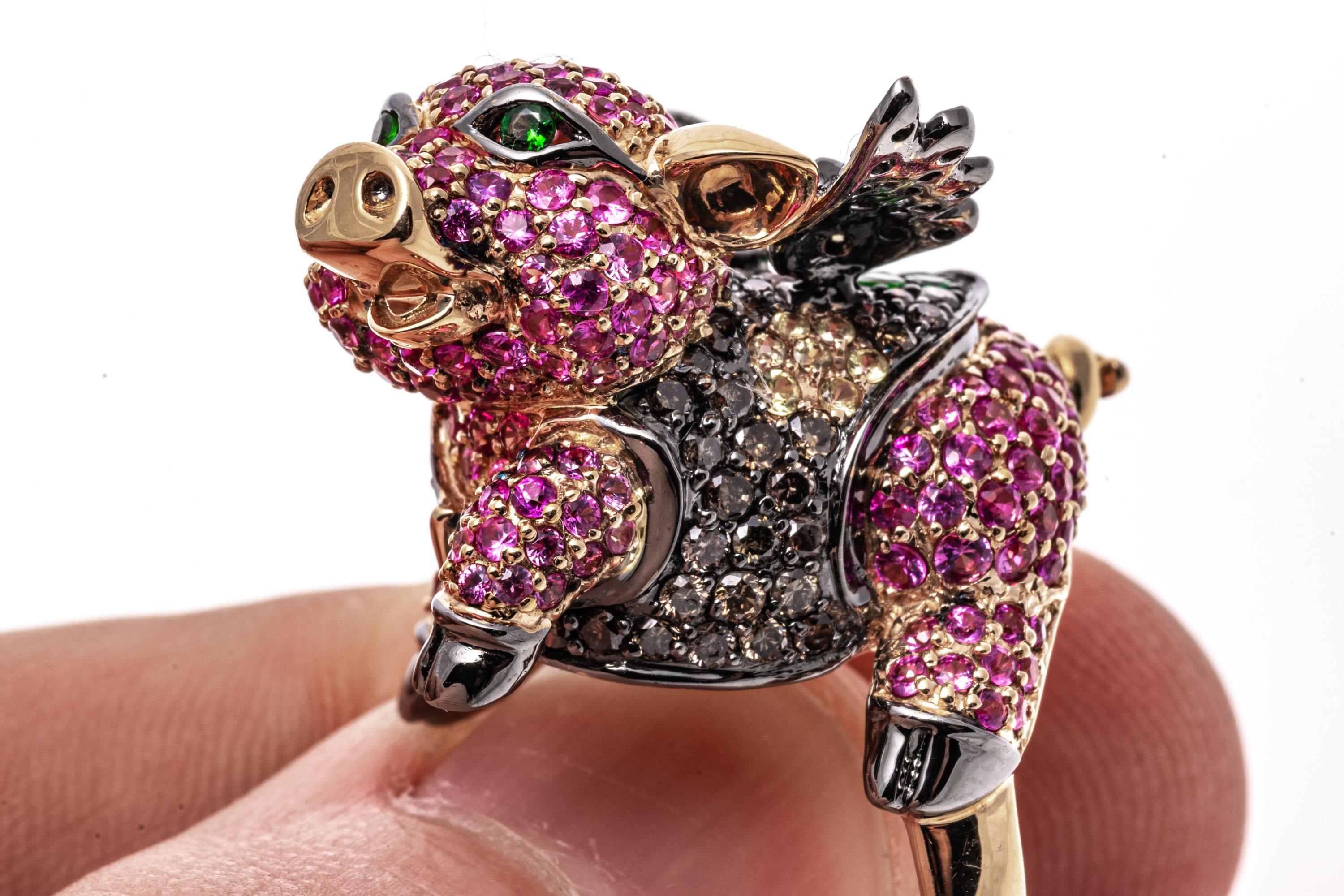 18k Gold Pink Sapphire, Diamond, and Tsavorite Flying Pig Ring 5