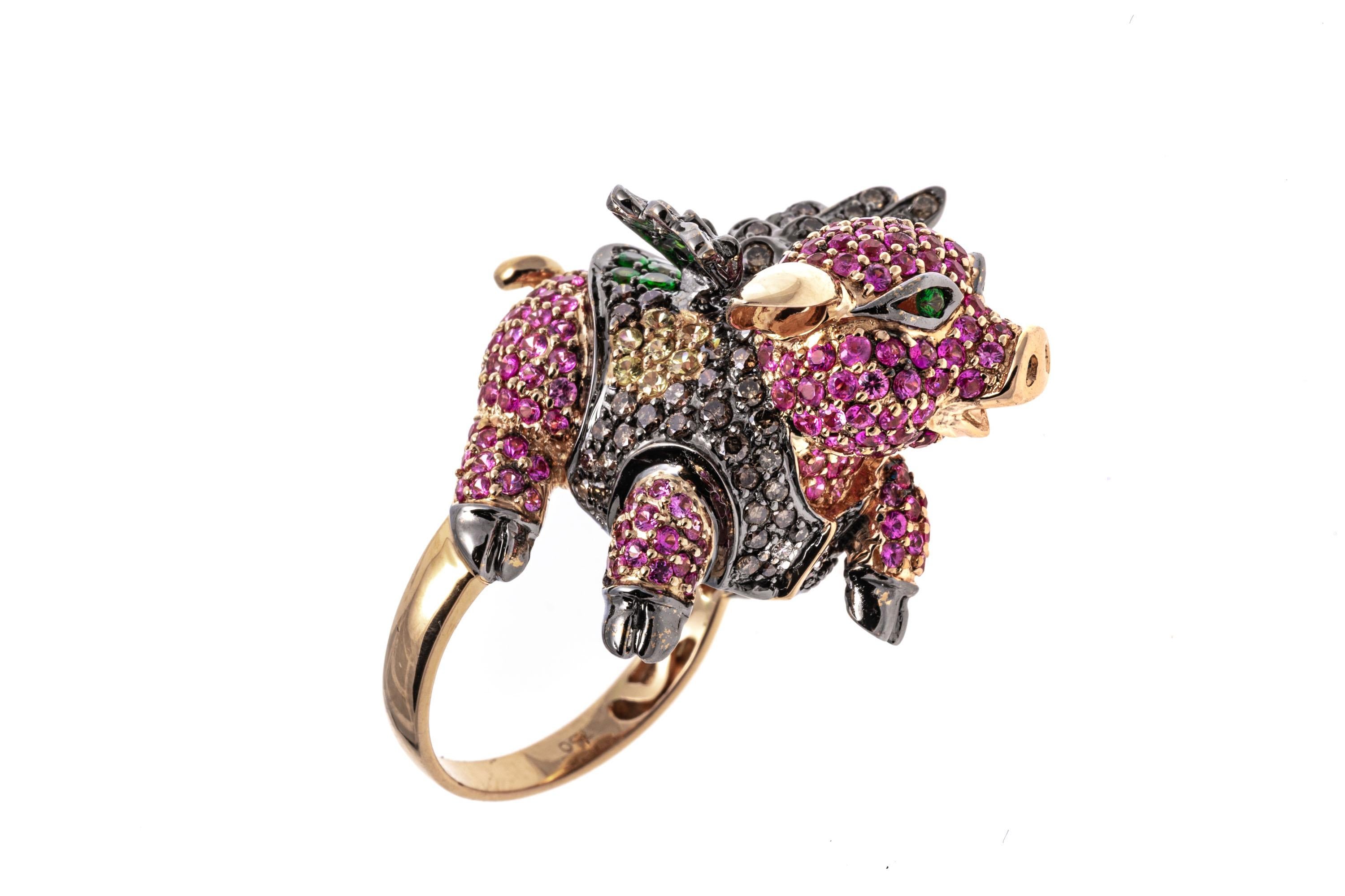 18k Gold Pink Sapphire, Diamond, and Tsavorite Flying Pig Ring 7