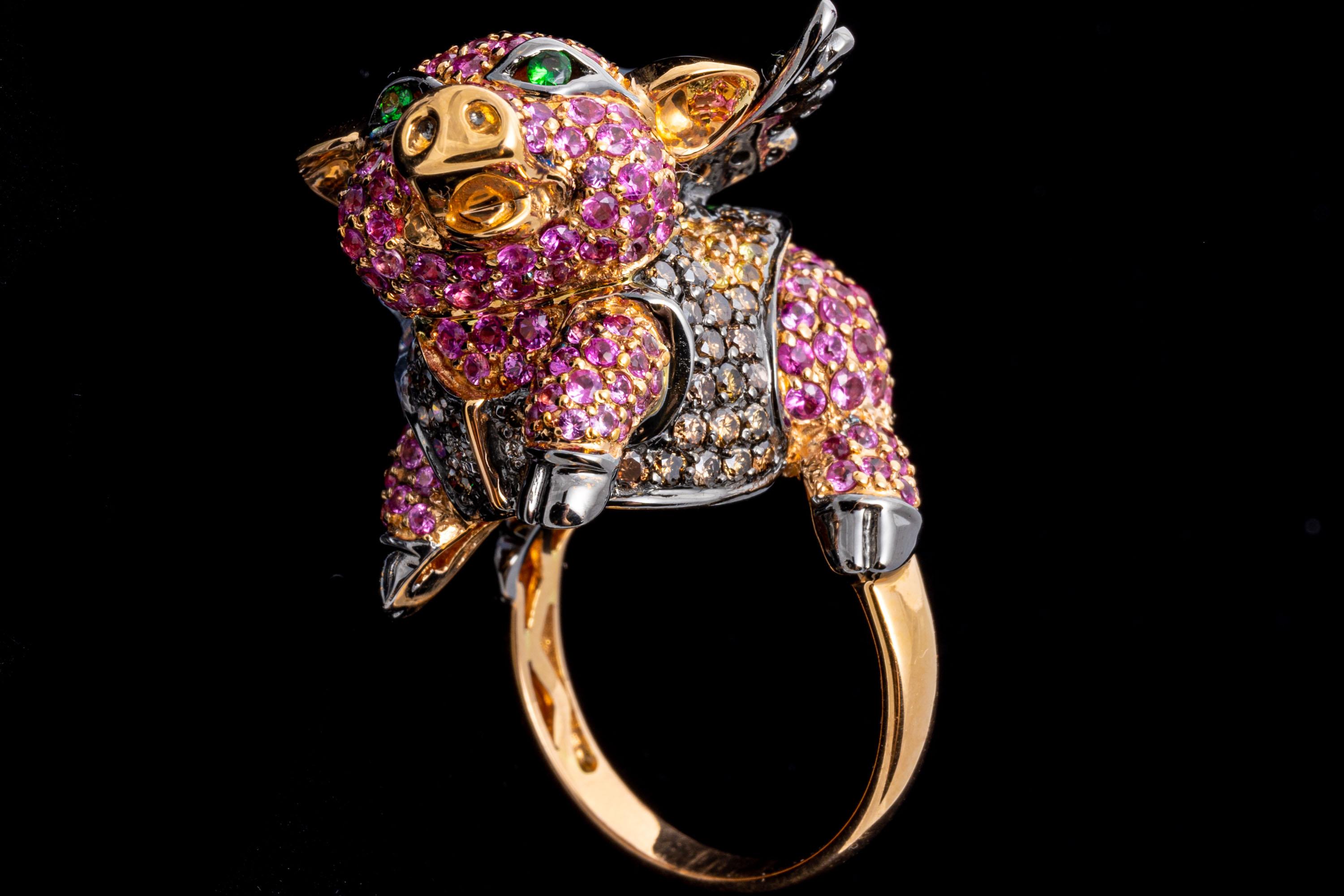 18k Gold Pink Sapphire, Diamond, and Tsavorite Flying Pig Ring 10