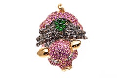 18k Gold Pink Sapphire, Diamond, and Tsavorite Flying Pig Ring
