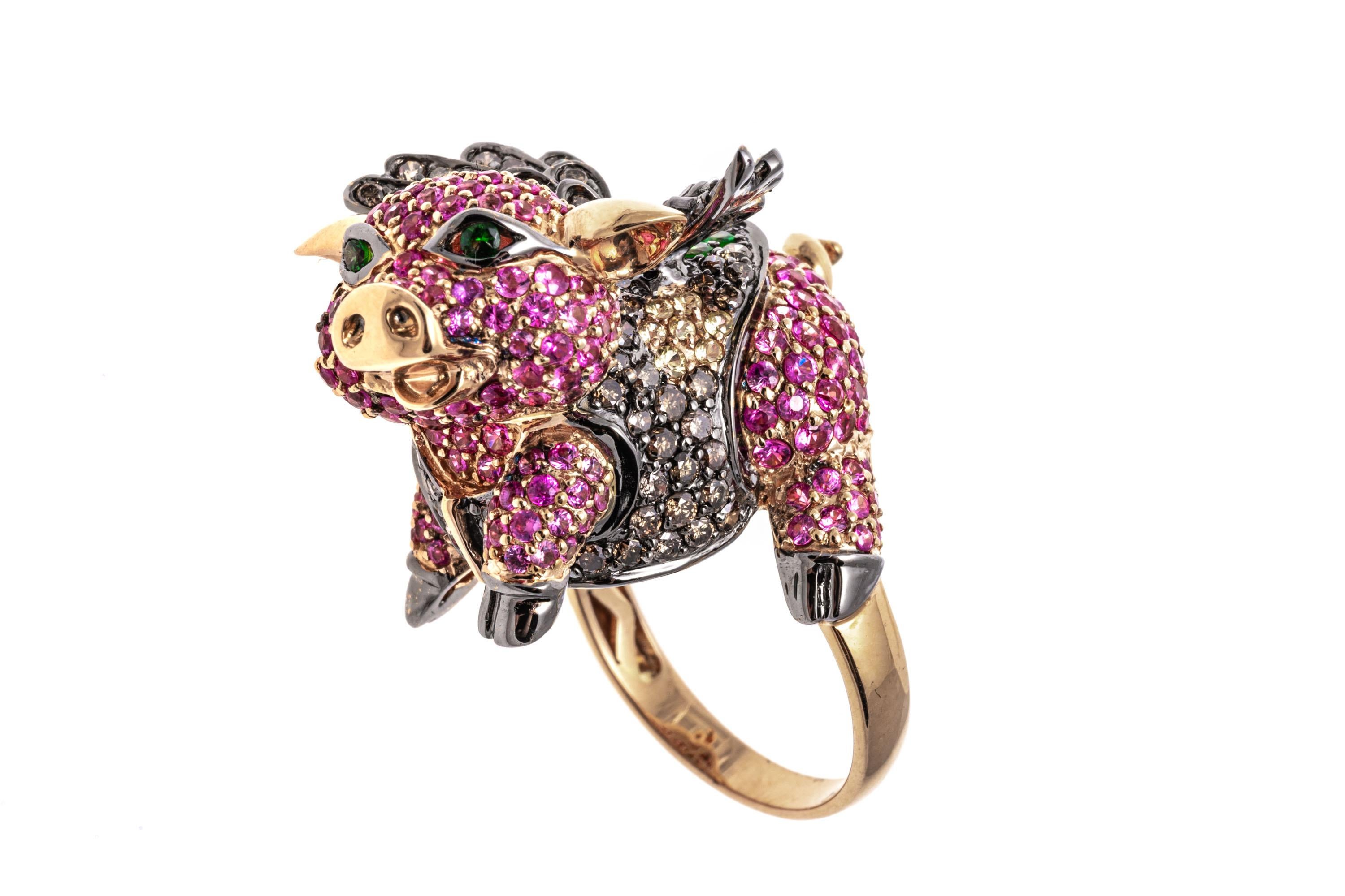 18k Gold Pink Sapphire, Diamond, and Tsavorite Flying Pig Ring 11