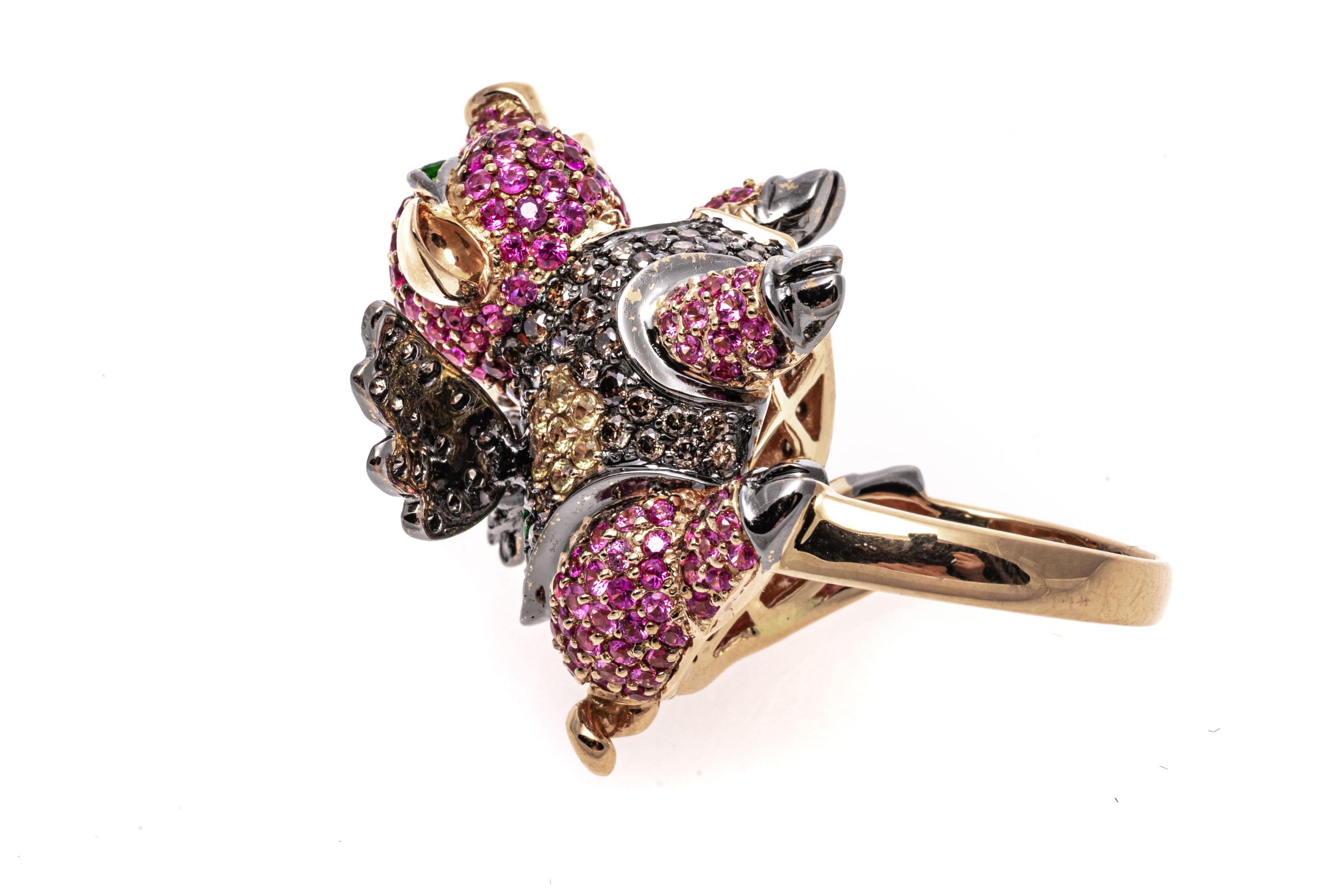 Contemporary 18k Gold Pink Sapphire, Diamond, and Tsavorite Flying Pig Ring