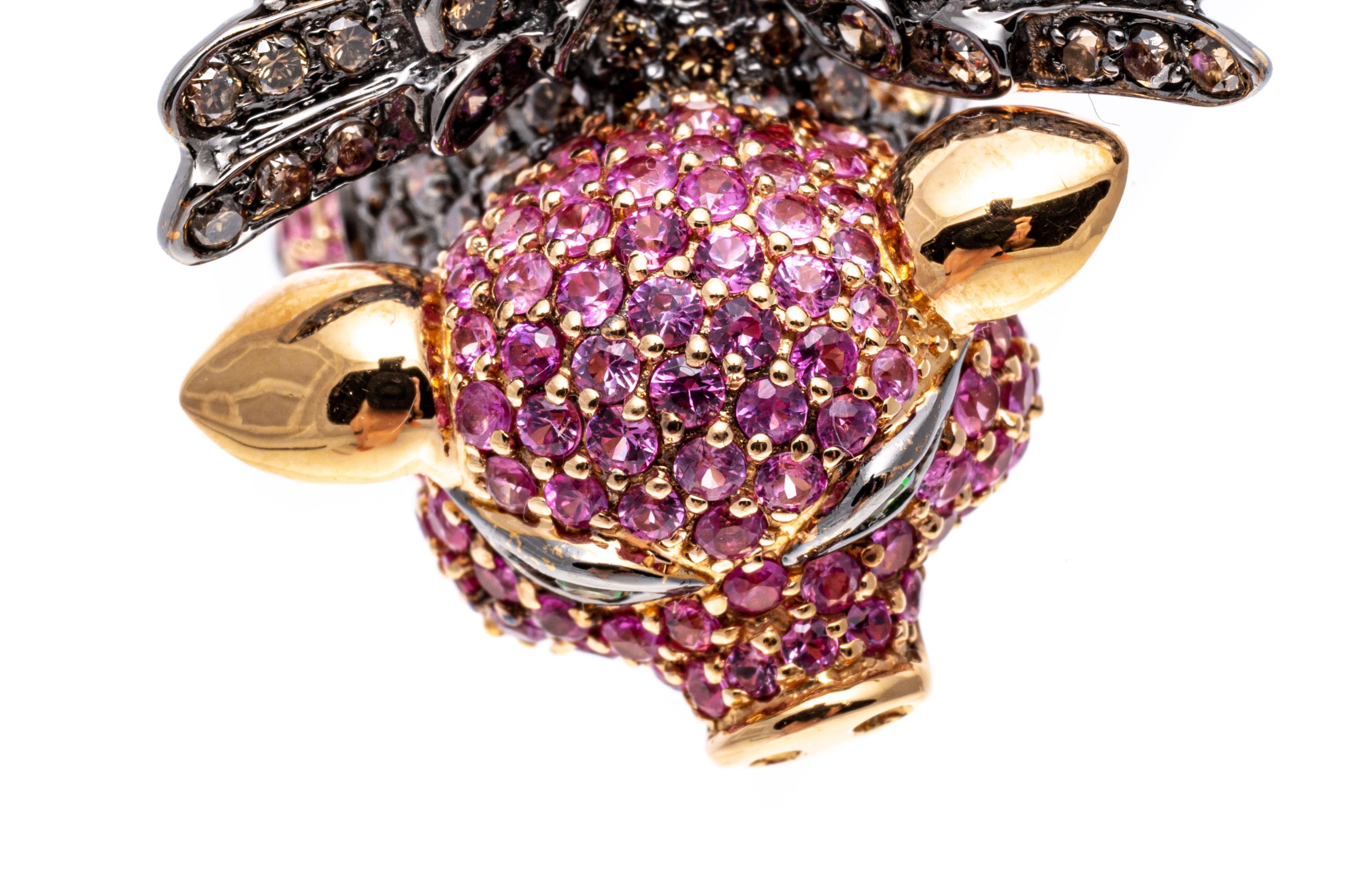 Round Cut 18k Gold Pink Sapphire, Diamond, and Tsavorite Flying Pig Ring