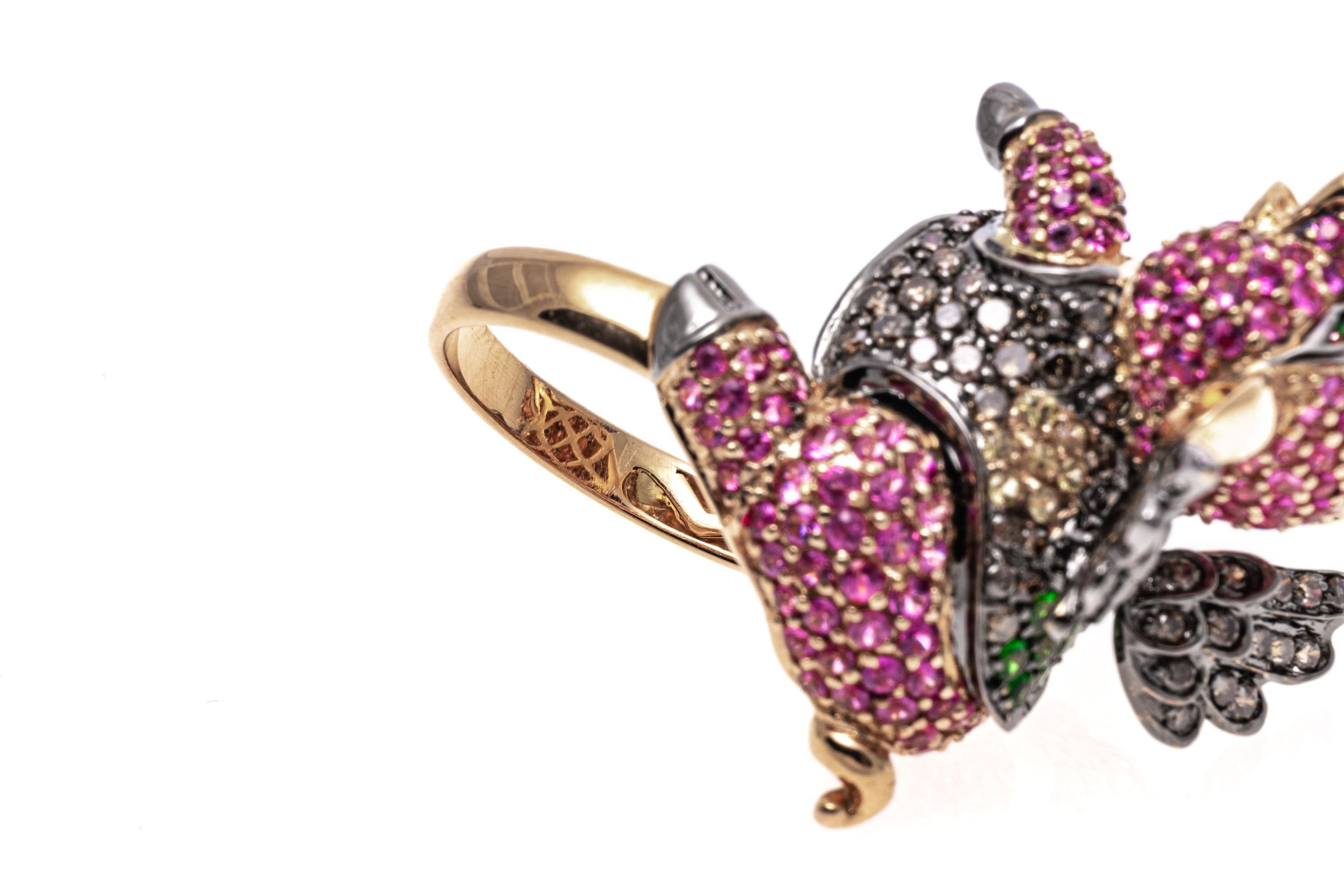 18k Gold Pink Sapphire, Diamond, and Tsavorite Flying Pig Ring In Good Condition In Fairfield, CT