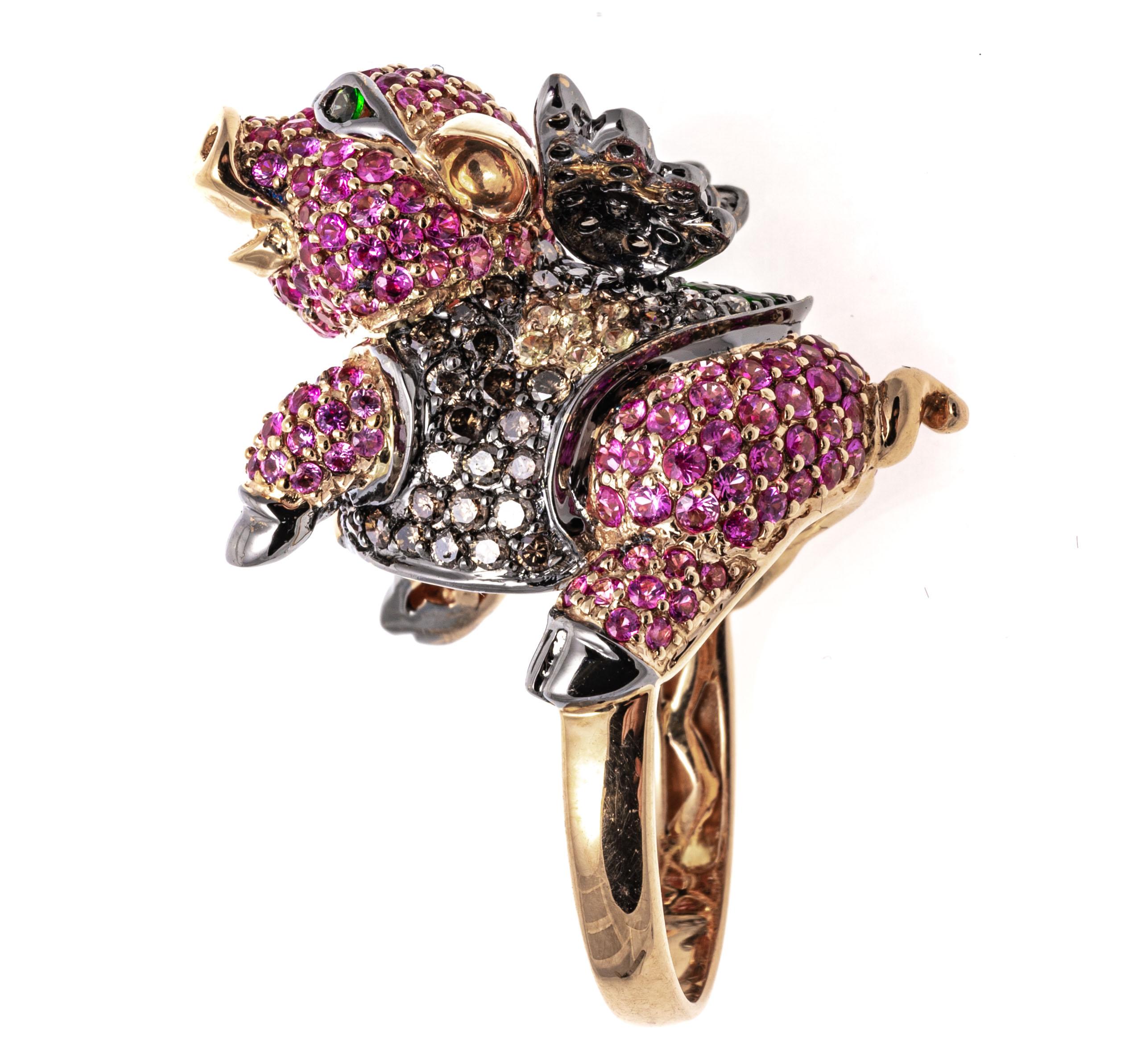 Women's 18k Gold Pink Sapphire, Diamond, and Tsavorite Flying Pig Ring