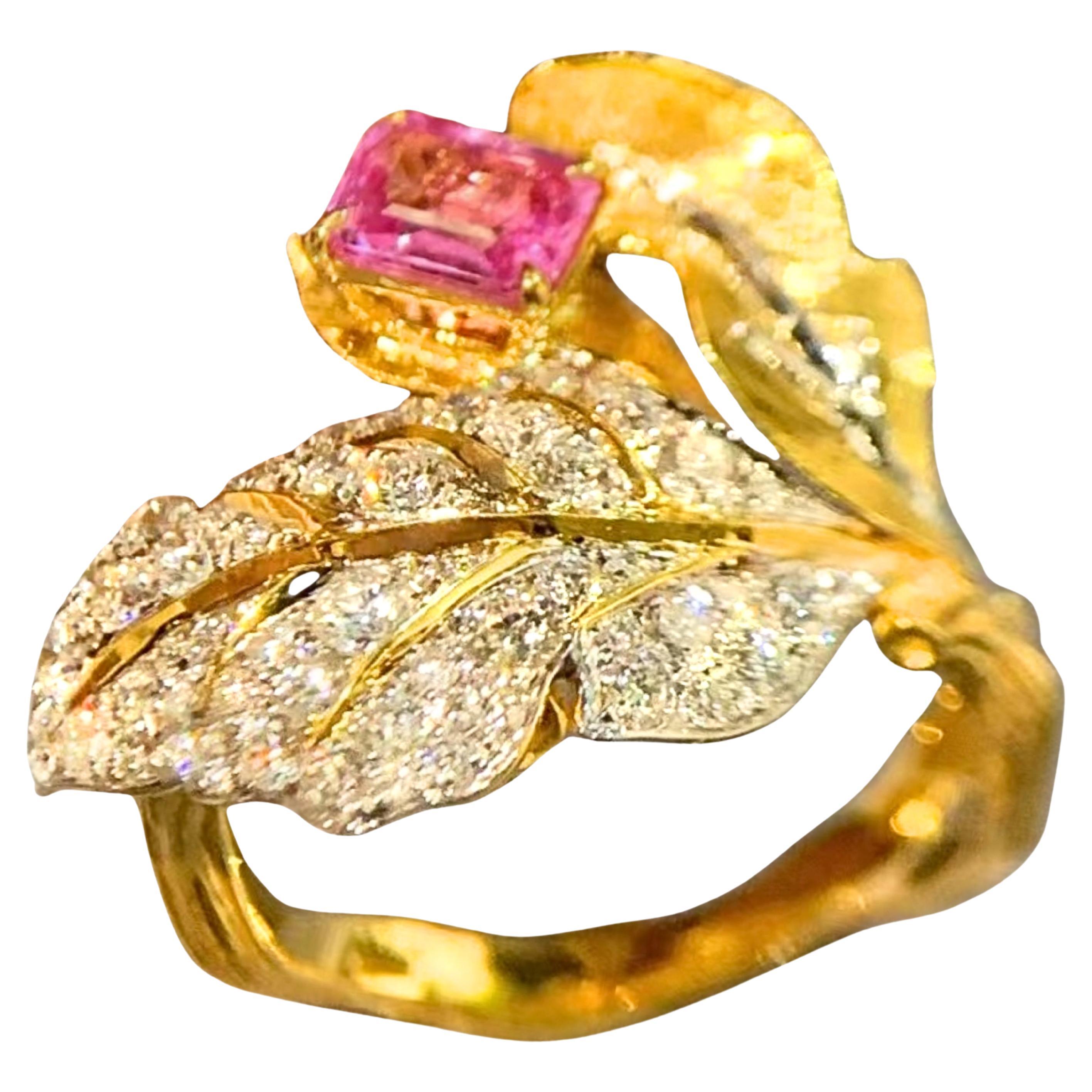 18K Gold Pink Sapphire & Diamond Leaf Gold Graving Ring For Sale