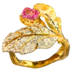 18K Gold Pink Sapphire & Diamond Leaf Gold Graving Ring