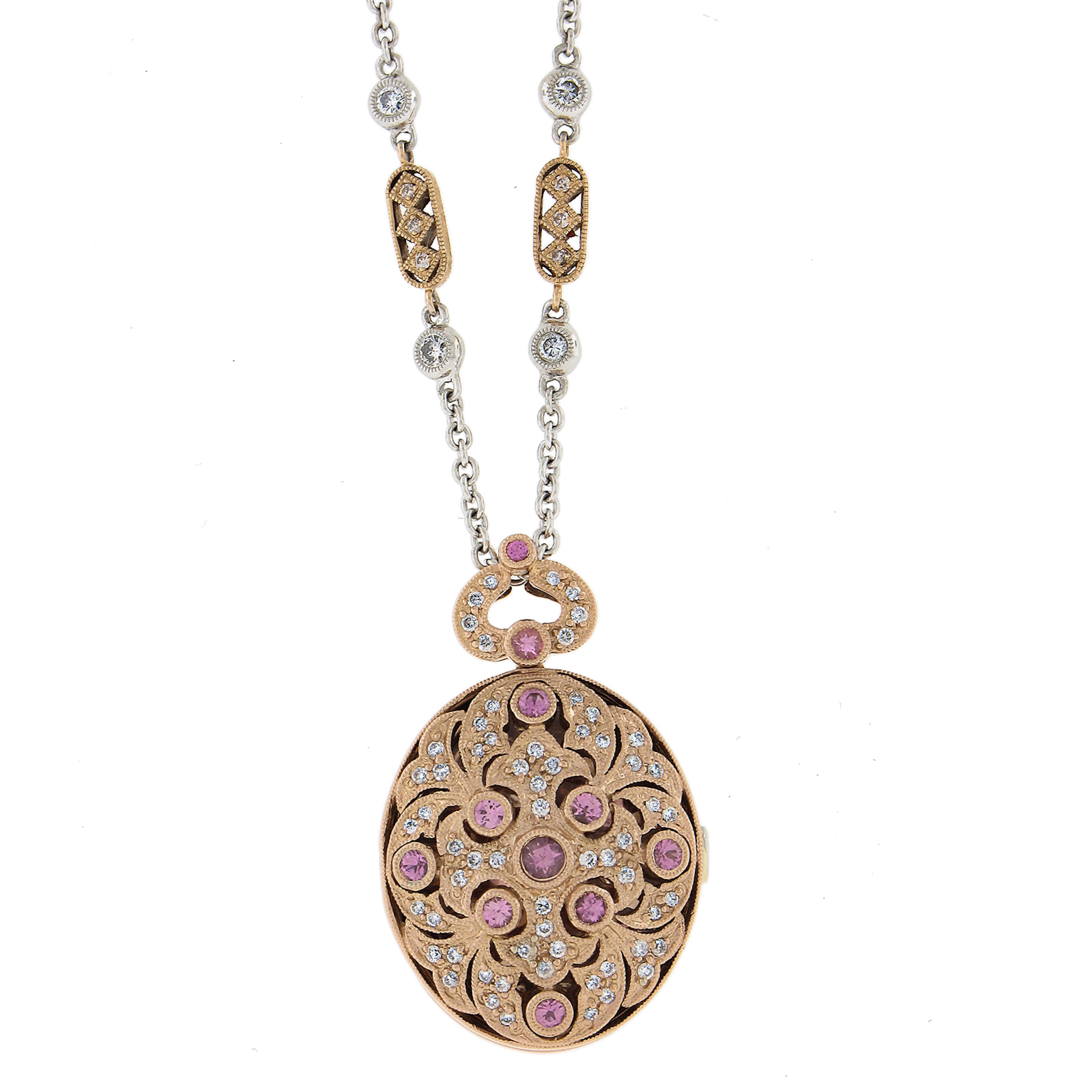 18k Gold Pink Sapphire & Diamond Oval Open Locket Pendant on 15" Link Chain For Sale